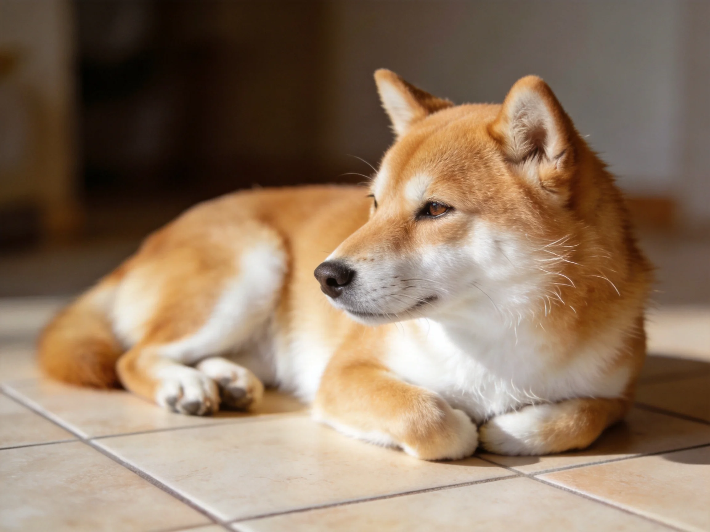 A tan and white Shiba Inu rests on a tiled floor in soft natural light