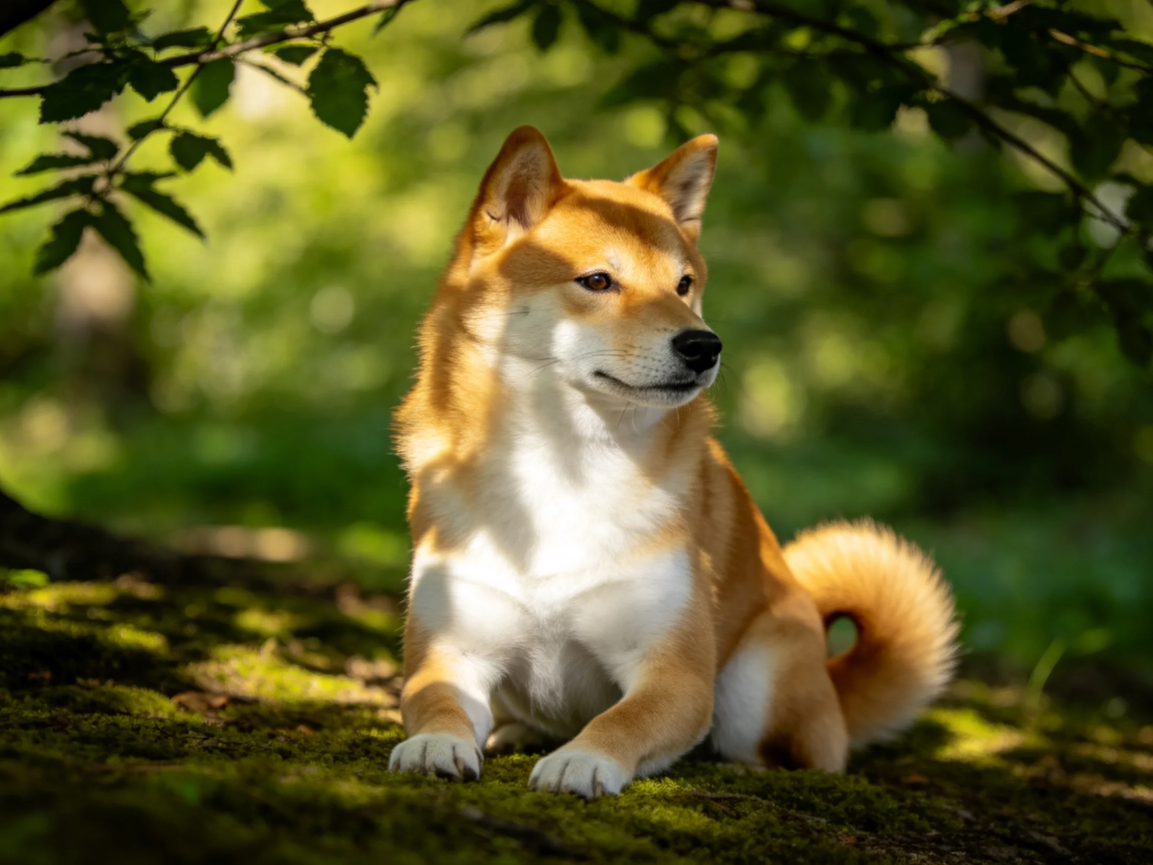 A tan and white Shiba Inu rests on mossy ground amid lush green foliage
