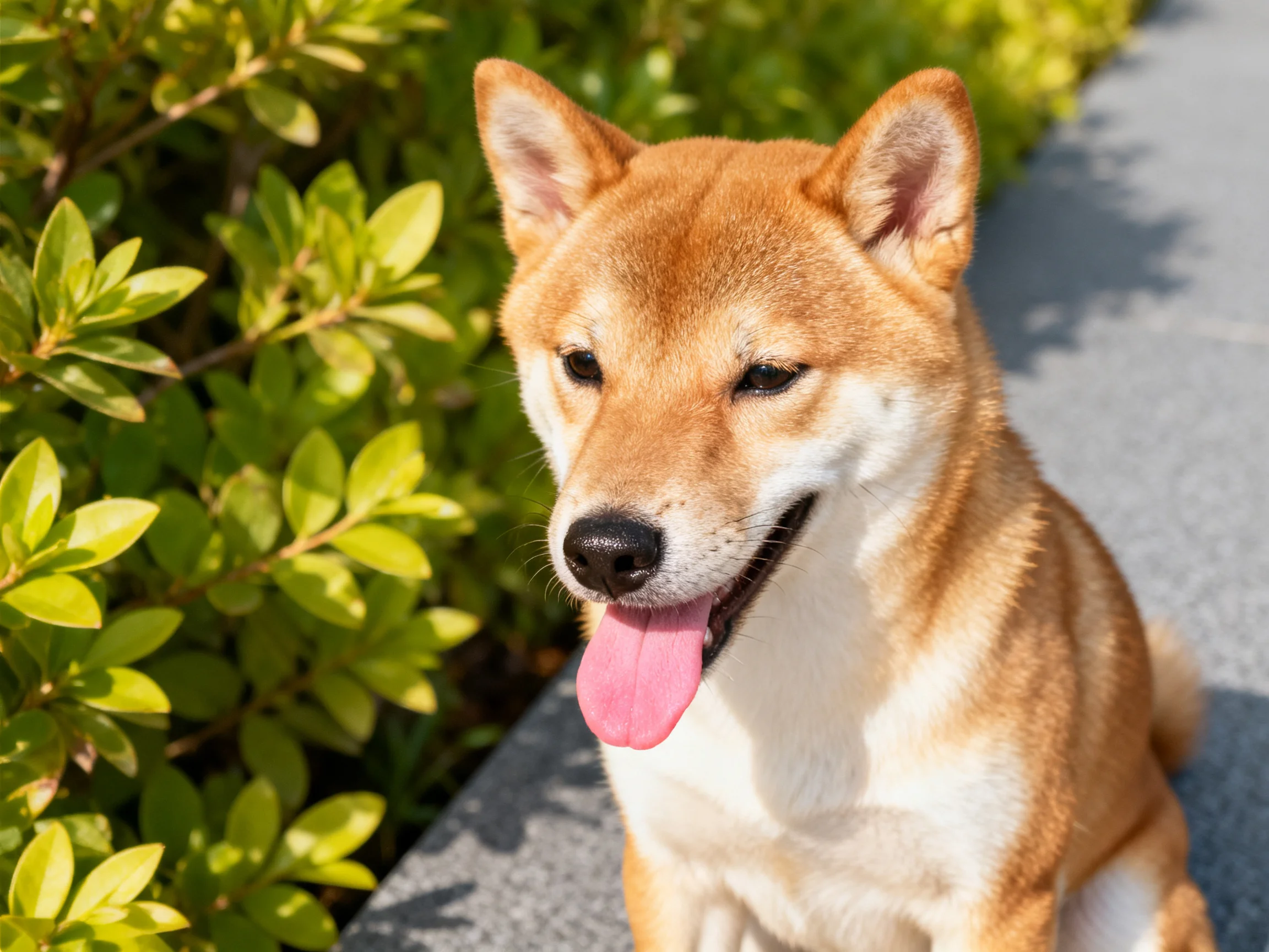 A tan and white Shiba Inu sits by lush green shrubs