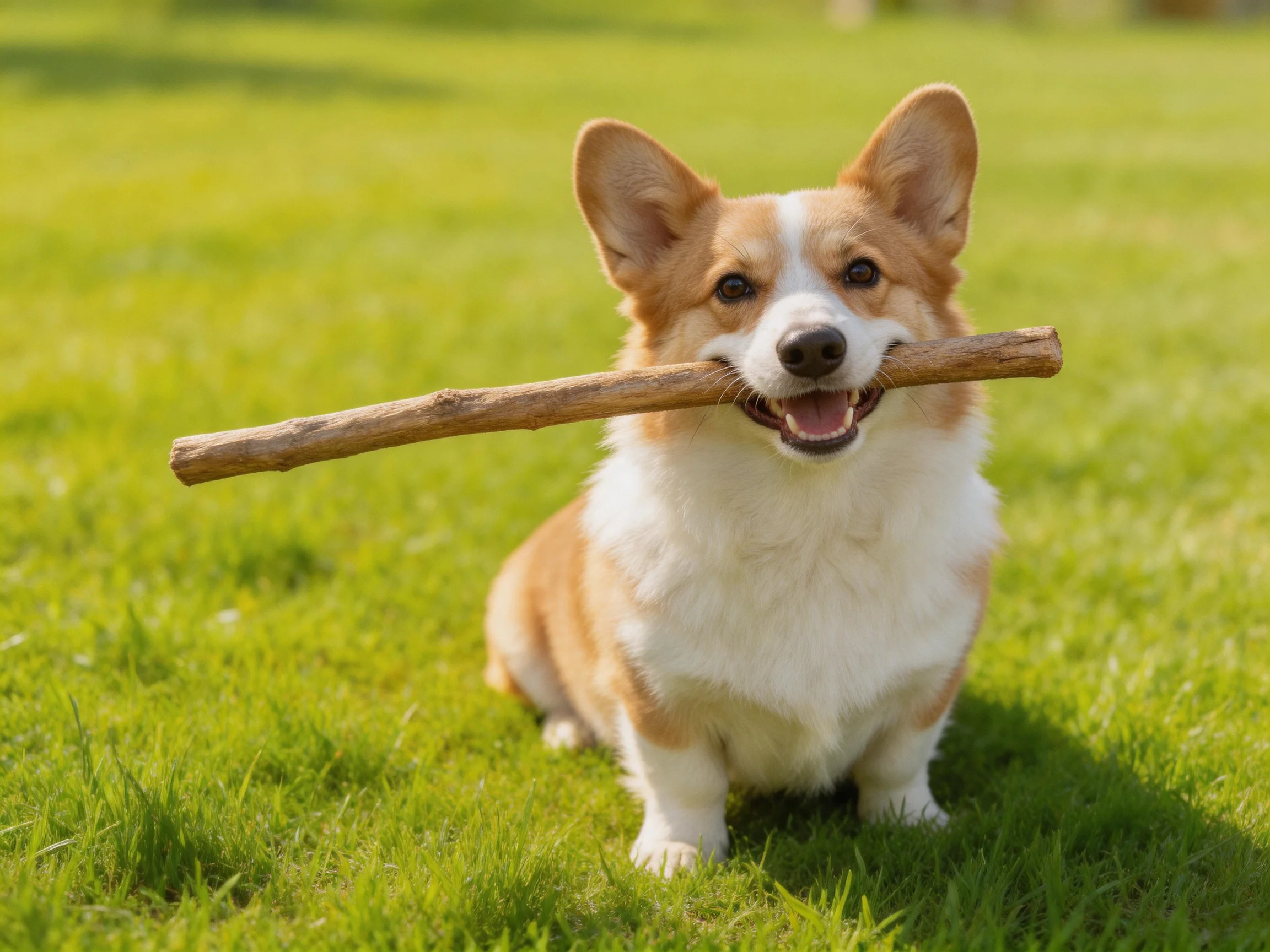 A tan and white corgi carries a wooden stick on lush green grass