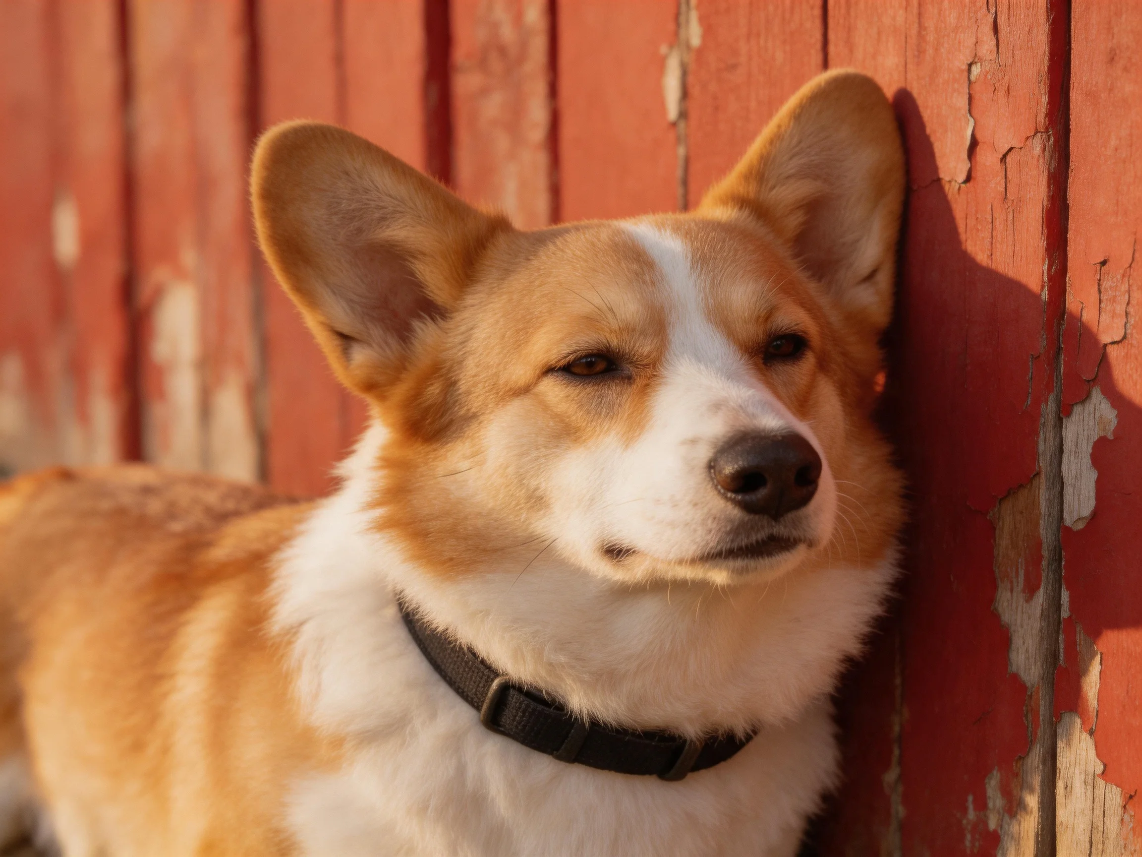 A tan and white corgi leans against a weathered red wooden fence