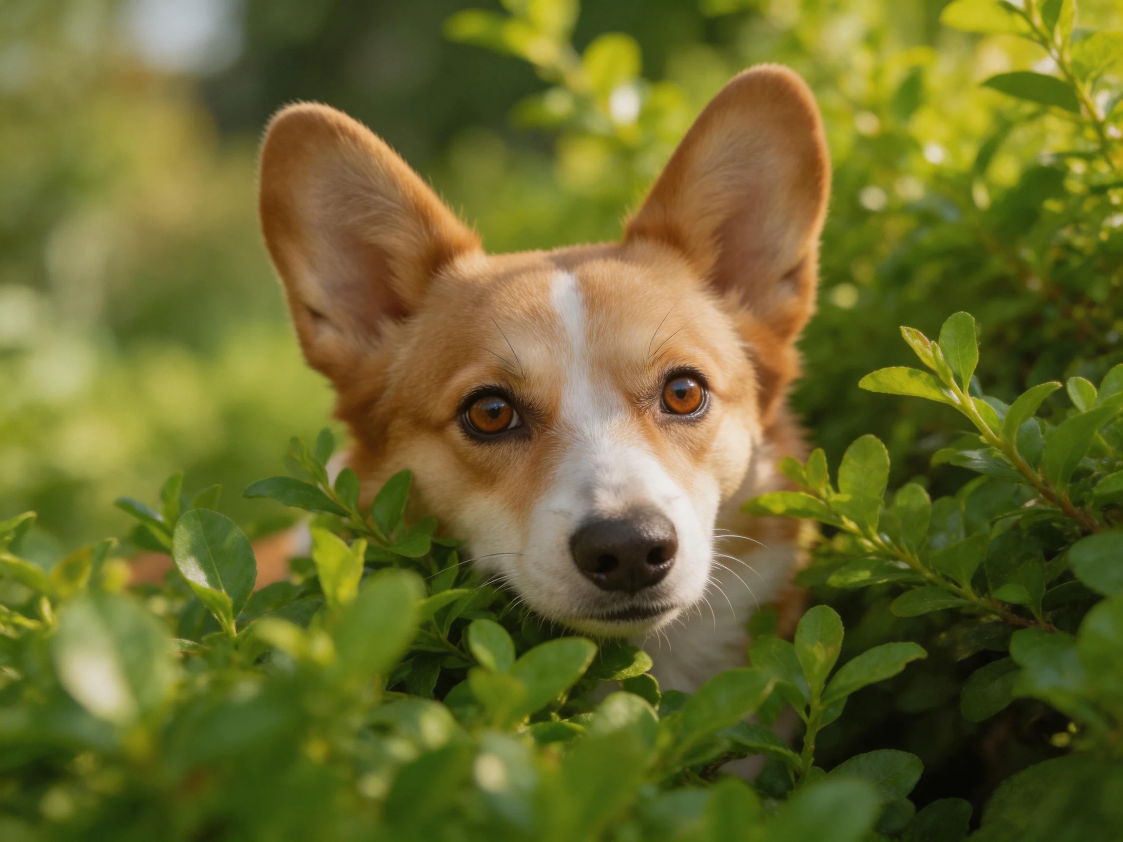 A corgi with tan and white fur hides among dense green plants.