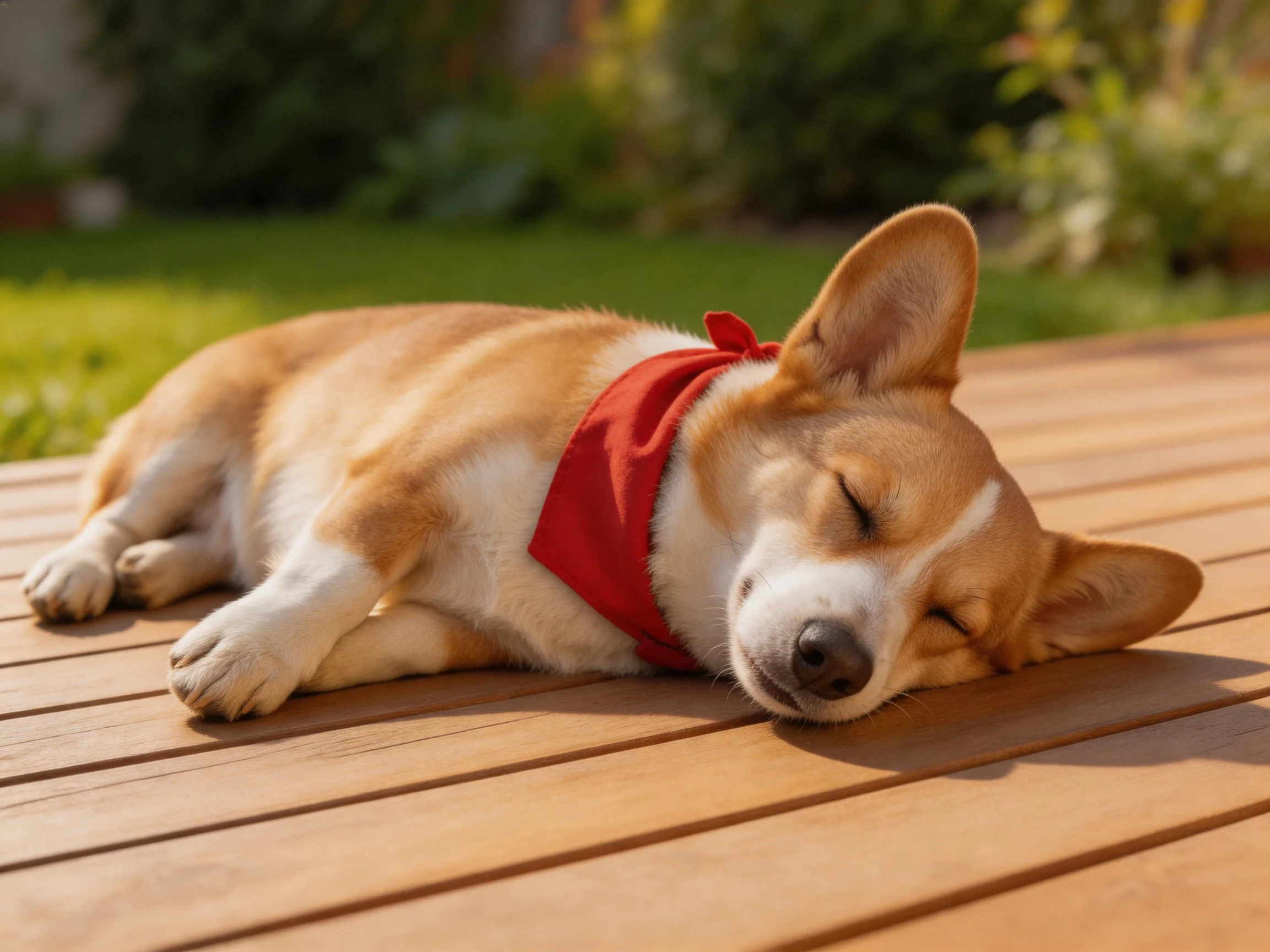 A tan and white corgi puppy rests on wooden planks with a red bandana