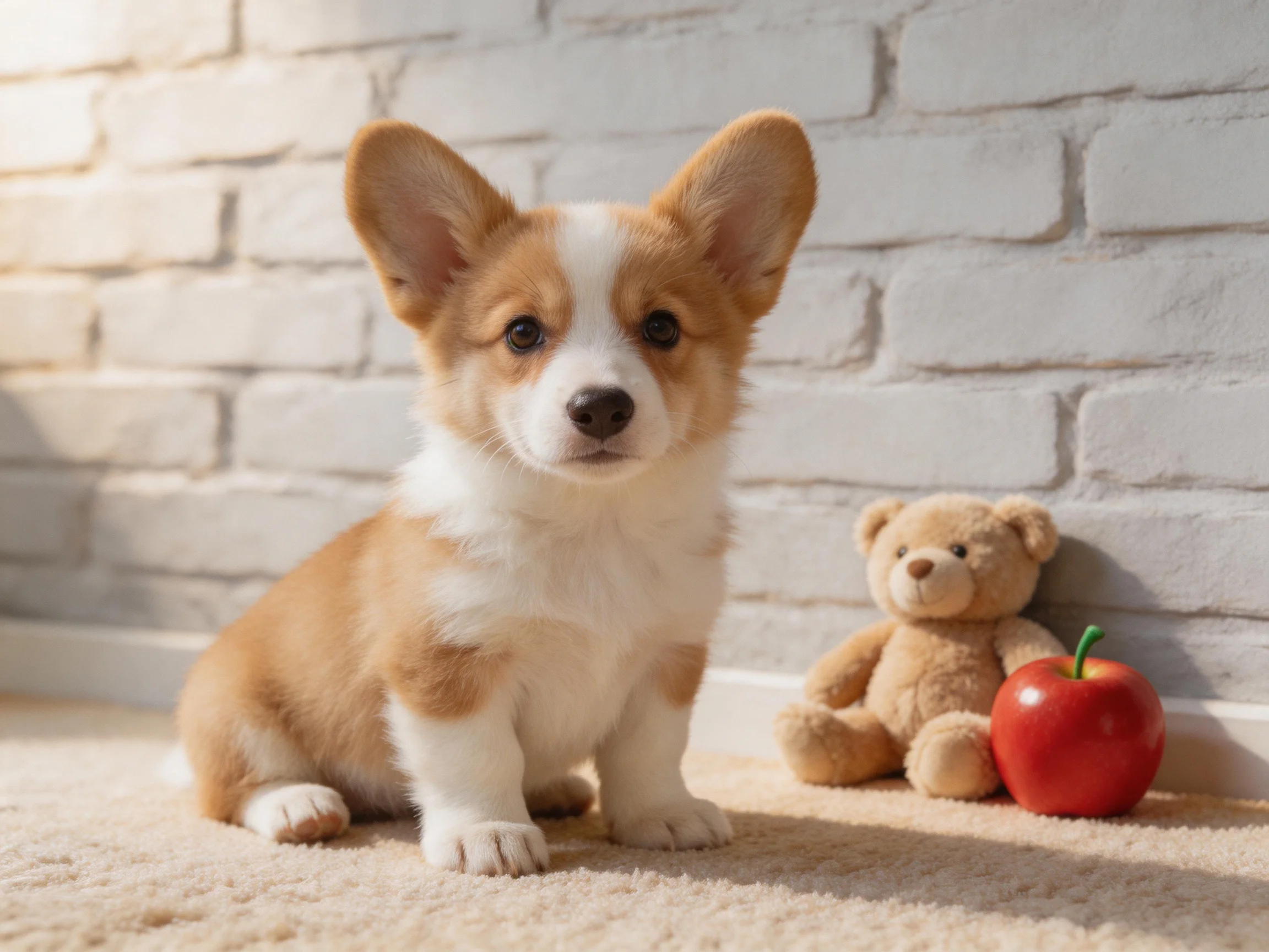 A tan and white corgi puppy sits near a teddy bear and red apple by a white brick wall
