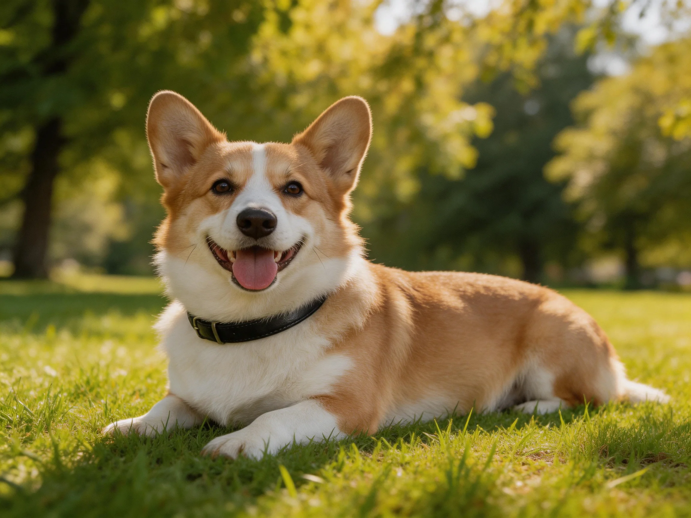 A happy corgi rests on grass in a sunlit outdoor area.