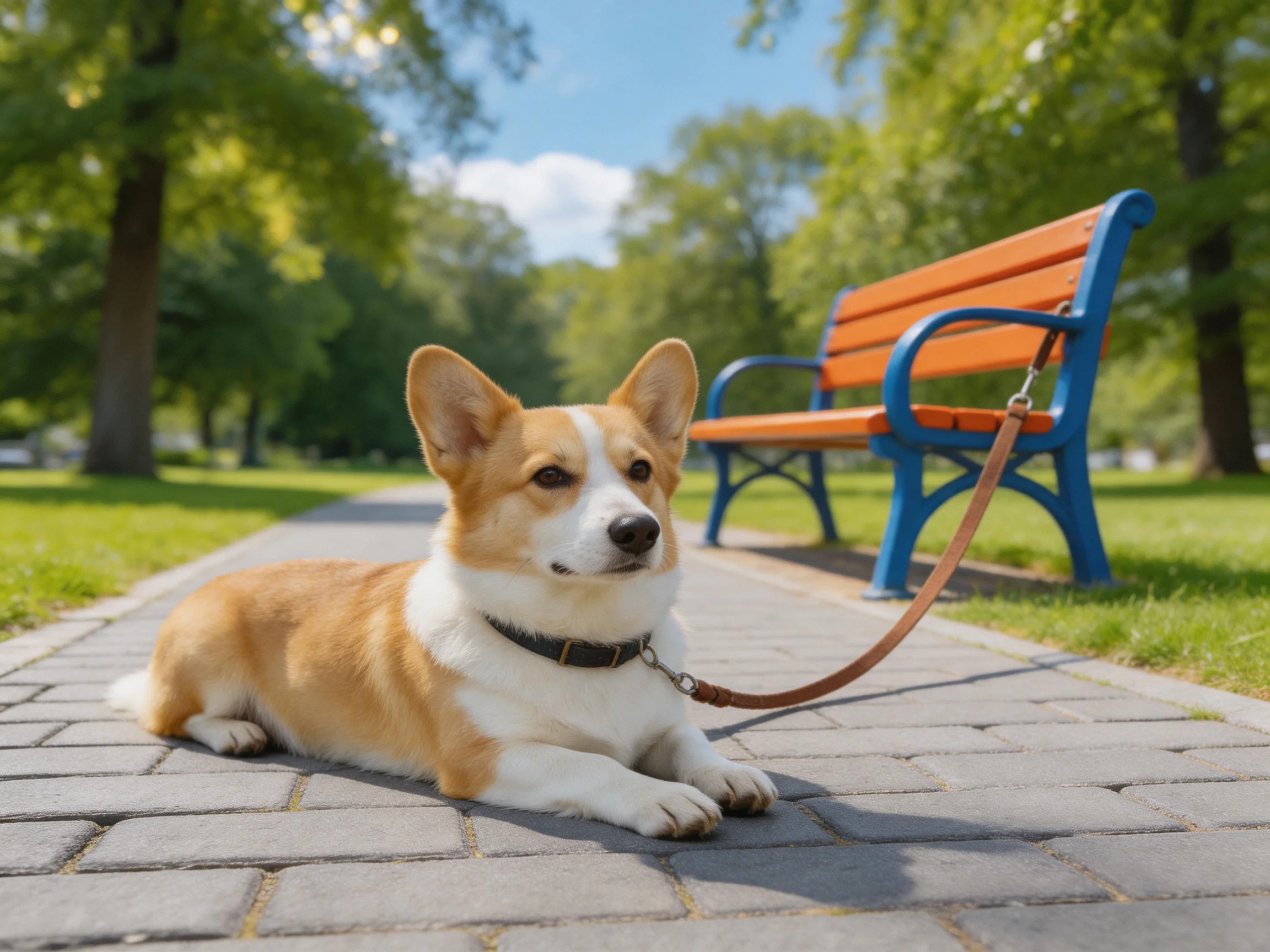 A tan and white corgi rests near an orange-blue park bench