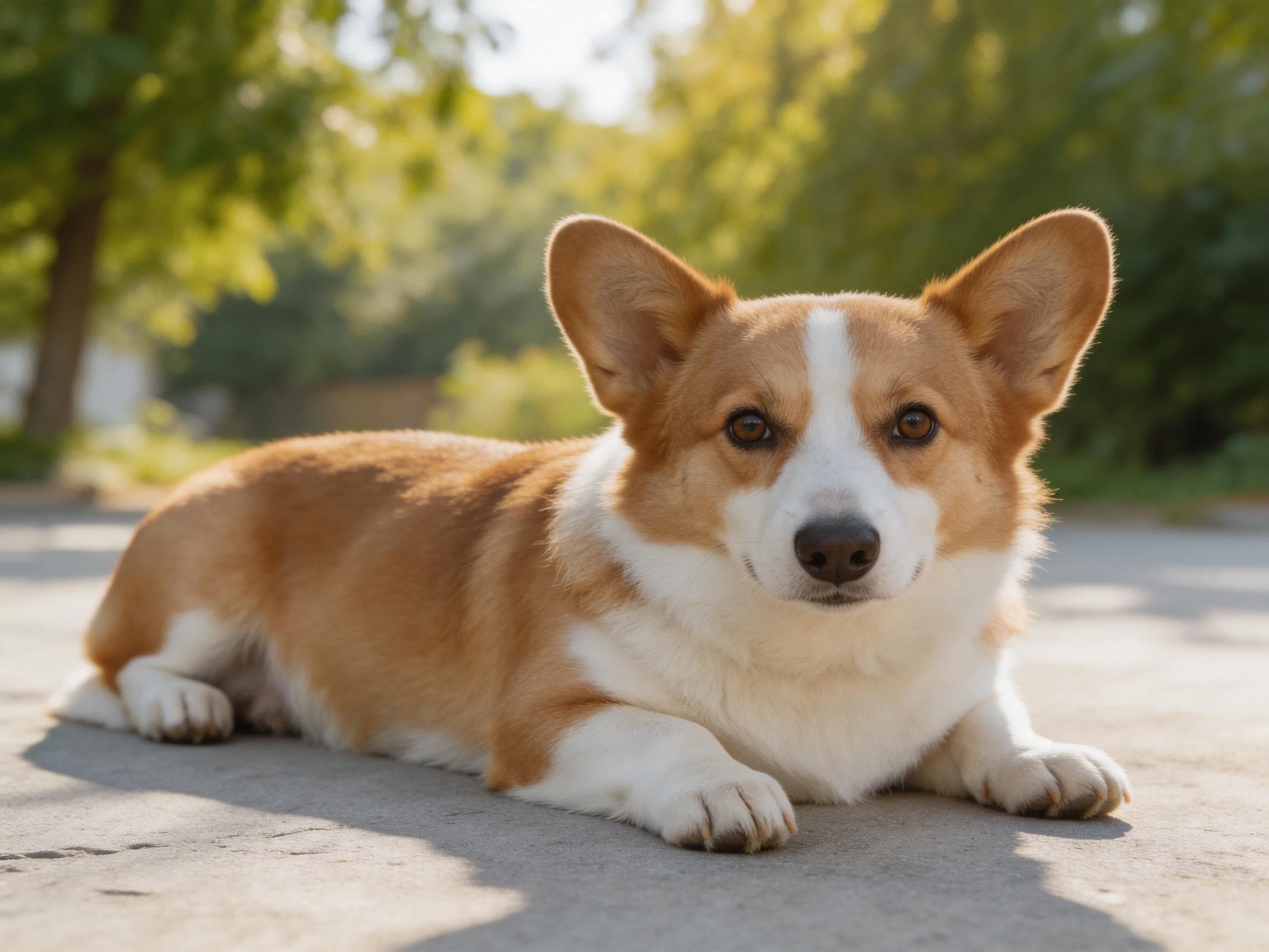 A tan and white corgi rests on a sunlit pavement amid green foliage