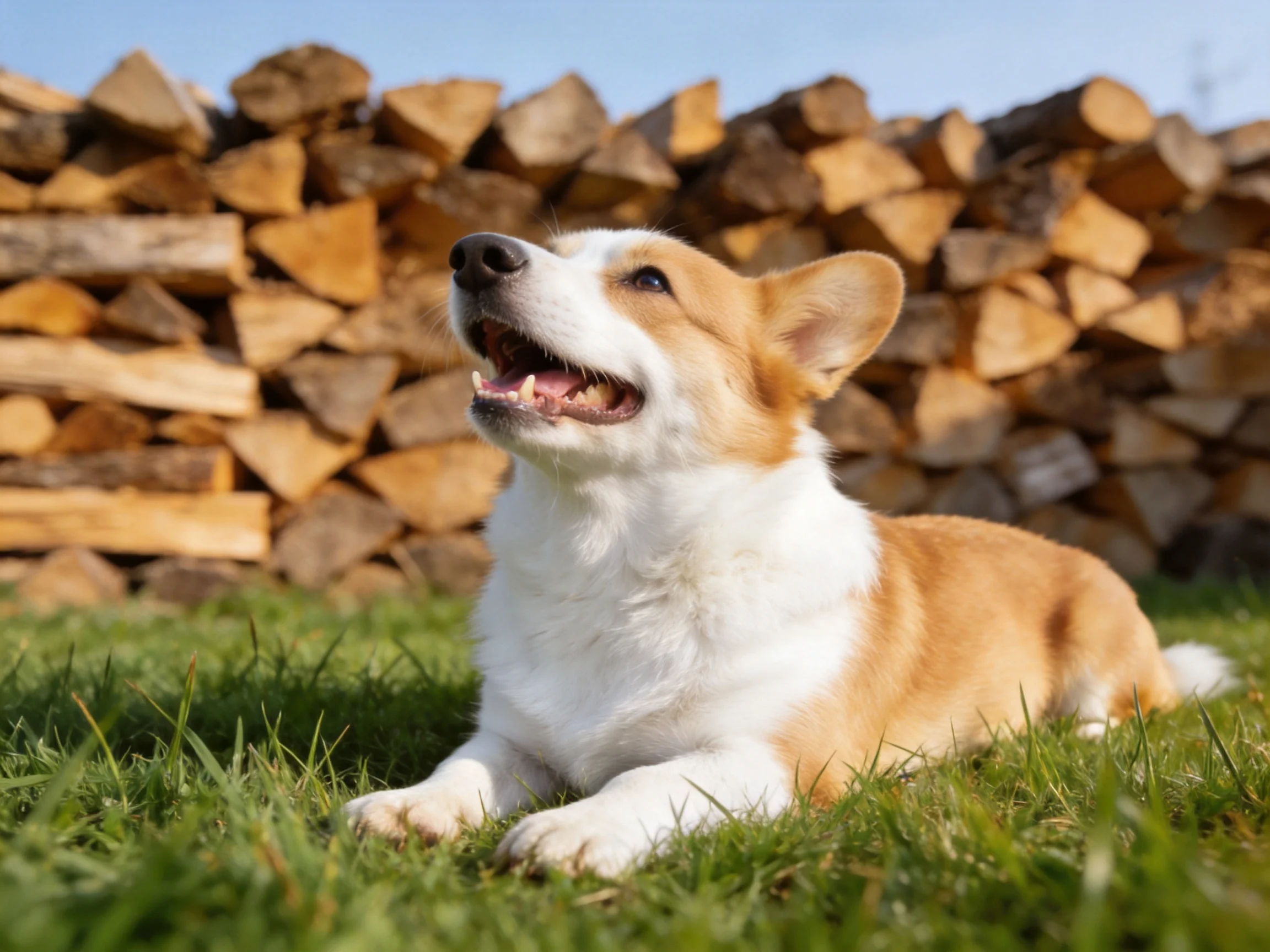 A tan and white corgi rests on green grass beside a large woodpile