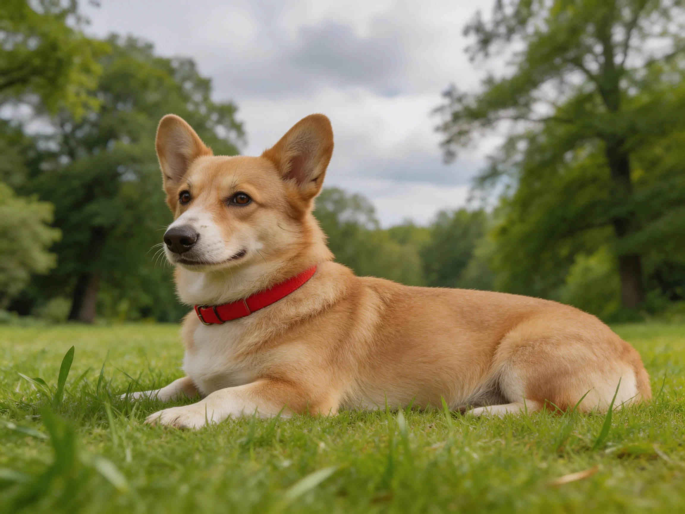 A tan and white corgi rests on lush green grass with a bright red collar