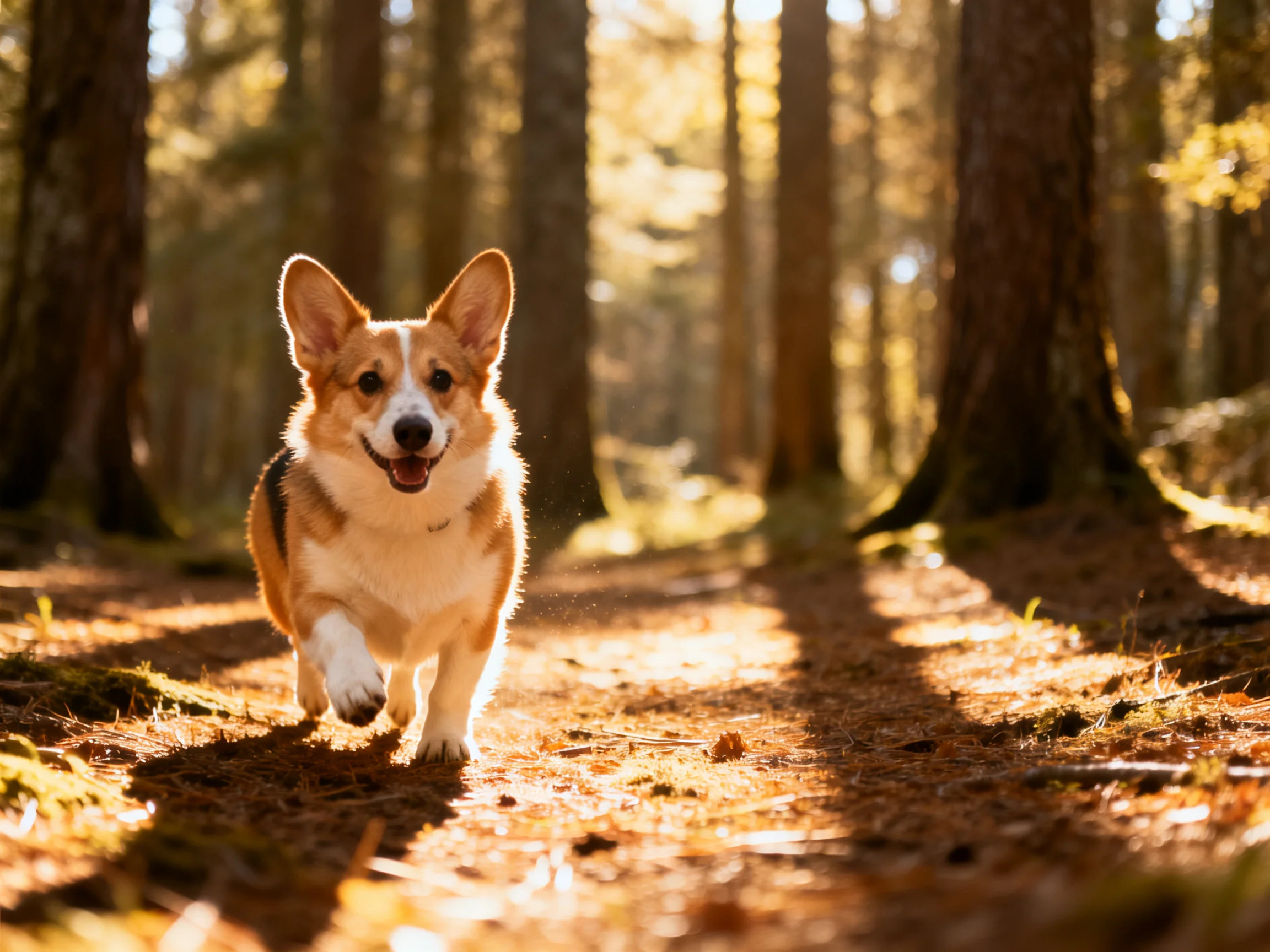 A tan and white corgi running through a sunlit forest trail