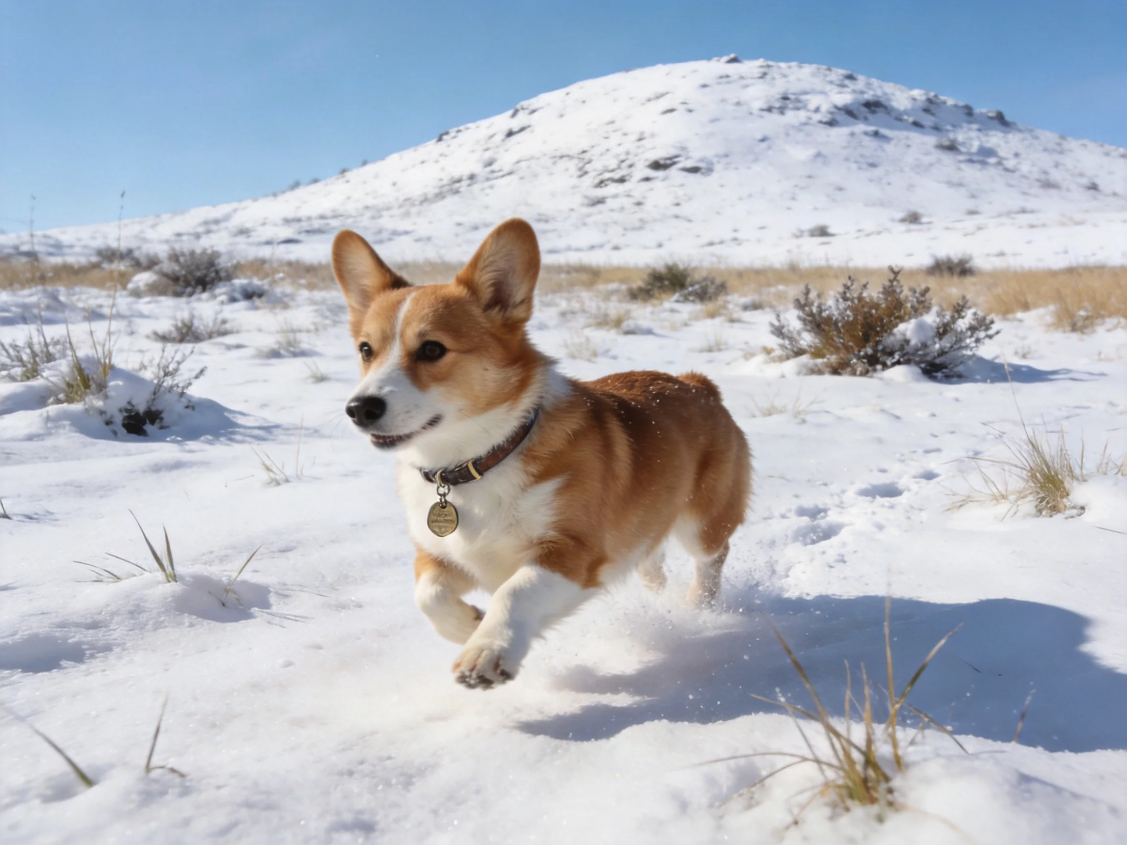 A corgi runs through a snowy landscape with a snow - covered hill.