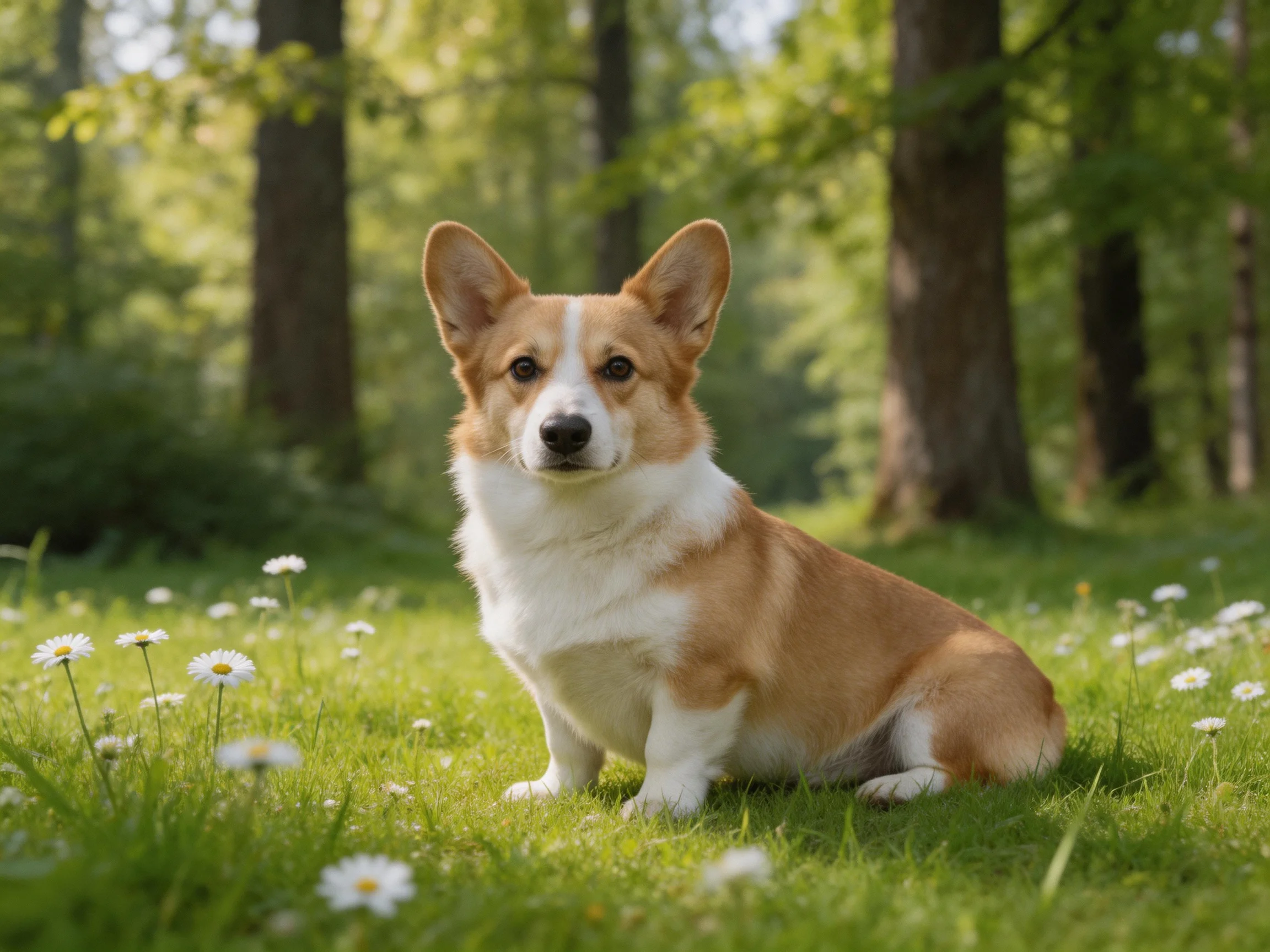 A tan and white corgi sits among daisies in a sunlit forest clearing