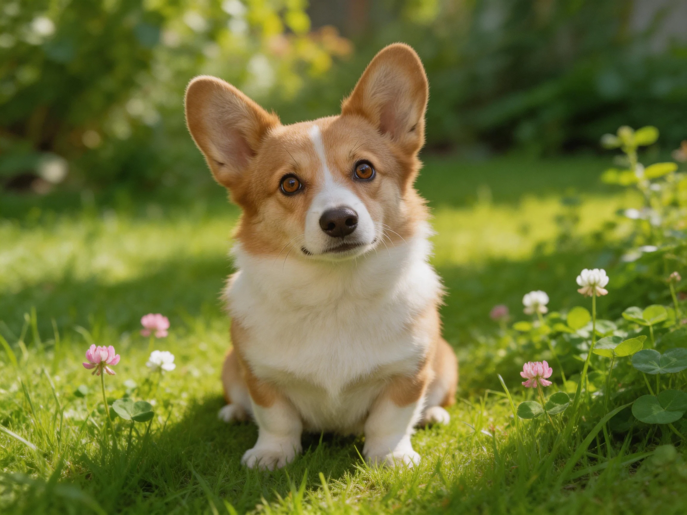 A tan and white corgi sits among green grass and pink/white clover flowers