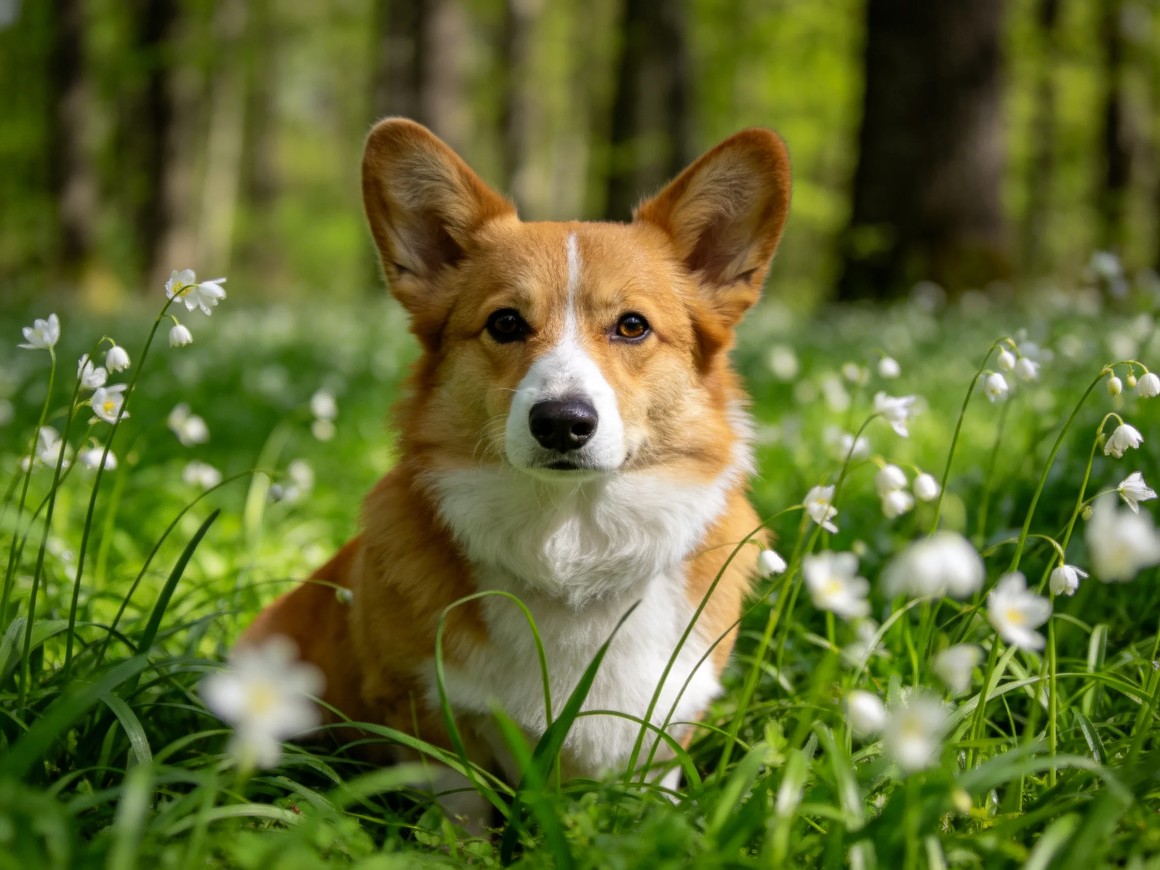 A tan and white corgi sits among lush green grass and white wildflowers
