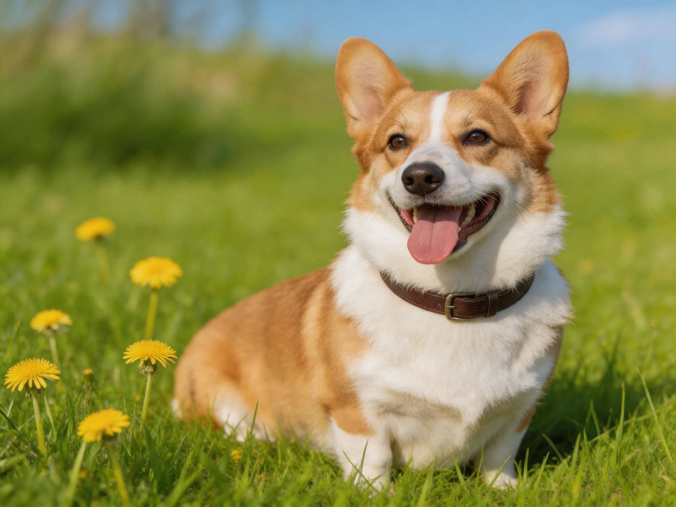 A tan and white corgi sits among yellow dandelions in lush green grass