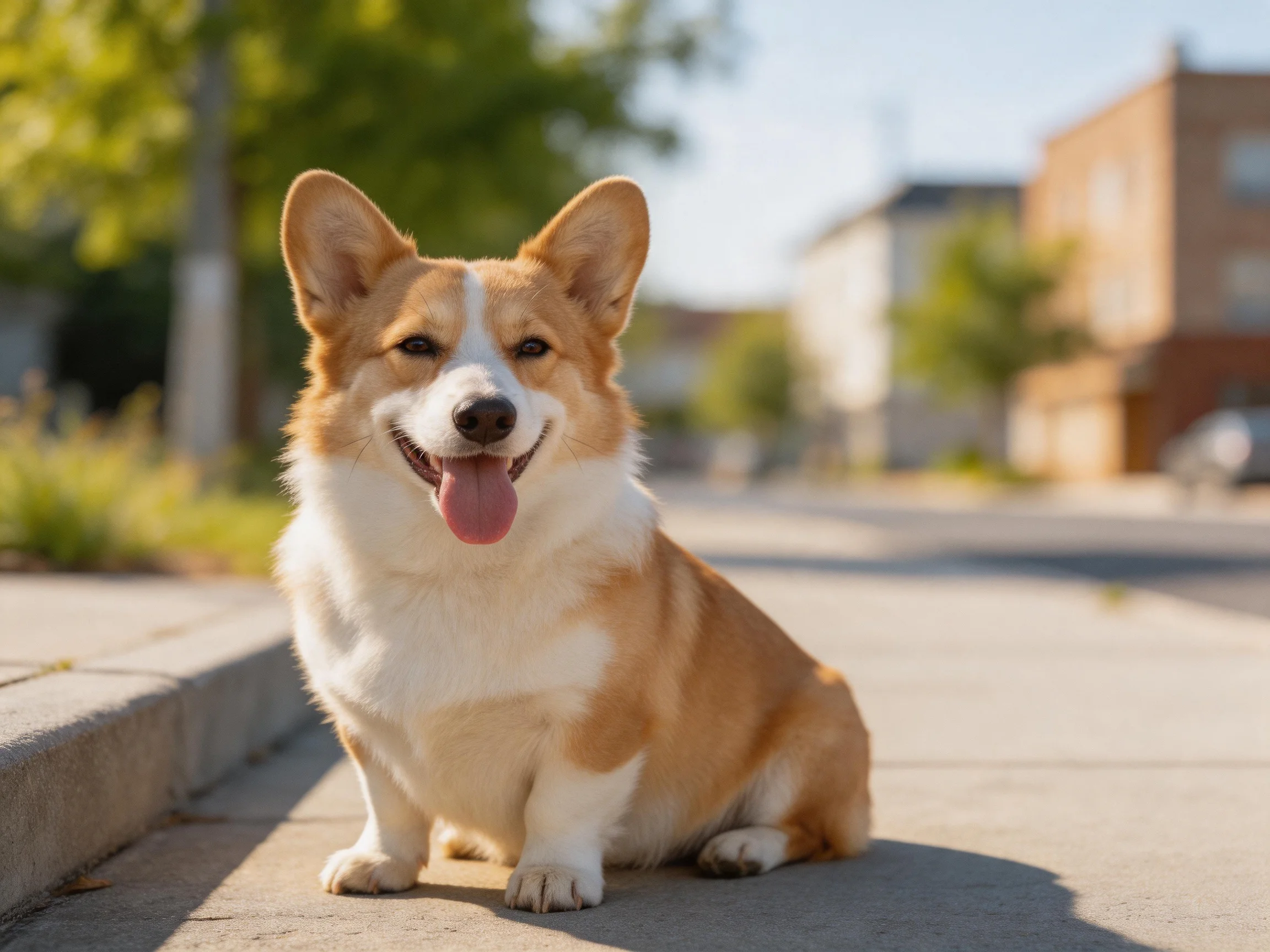A tan and white corgi sits happily on a sunlit sidewalk