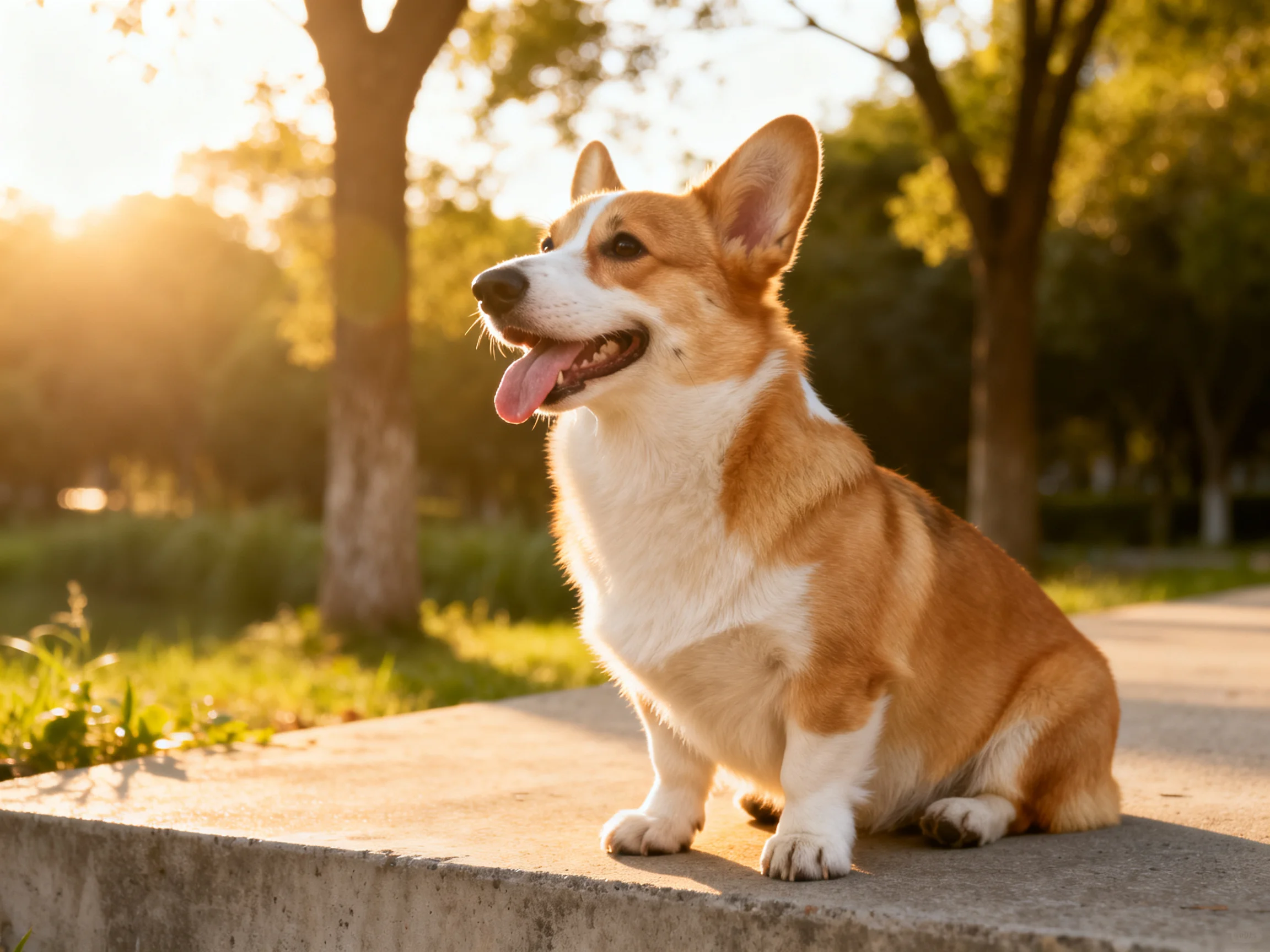A tan and white corgi sits on a concrete ledge in golden sunlight