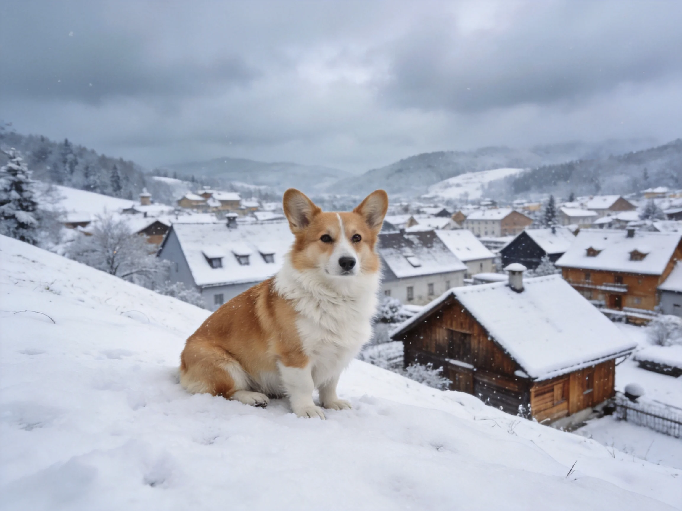 A tan and white corgi sits on a snow-laden hillside with a snowy village below