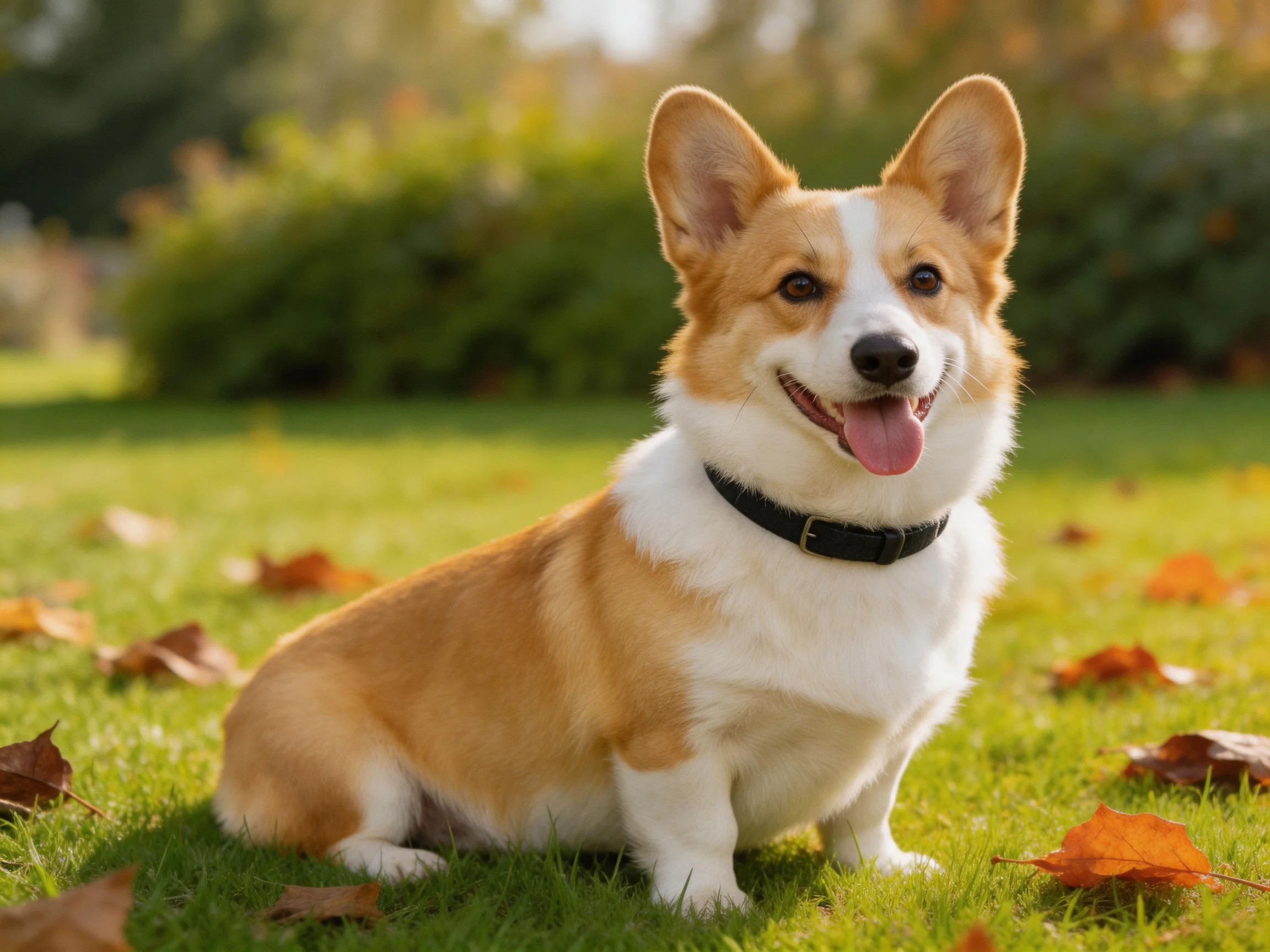 A tan and white corgi sits happily among autumn leaves on grass.