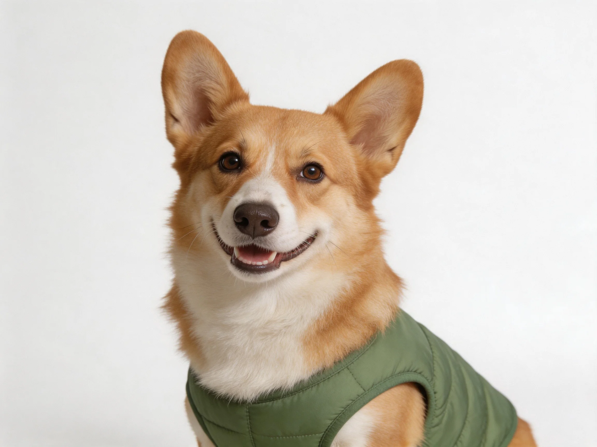 A cheerful corgi in a green vest poses against a plain white backdrop.