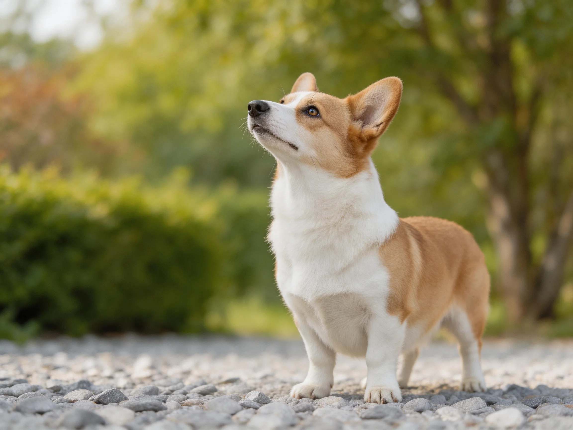 A tan and white corgi stands alert on a gravel path near lush greenery