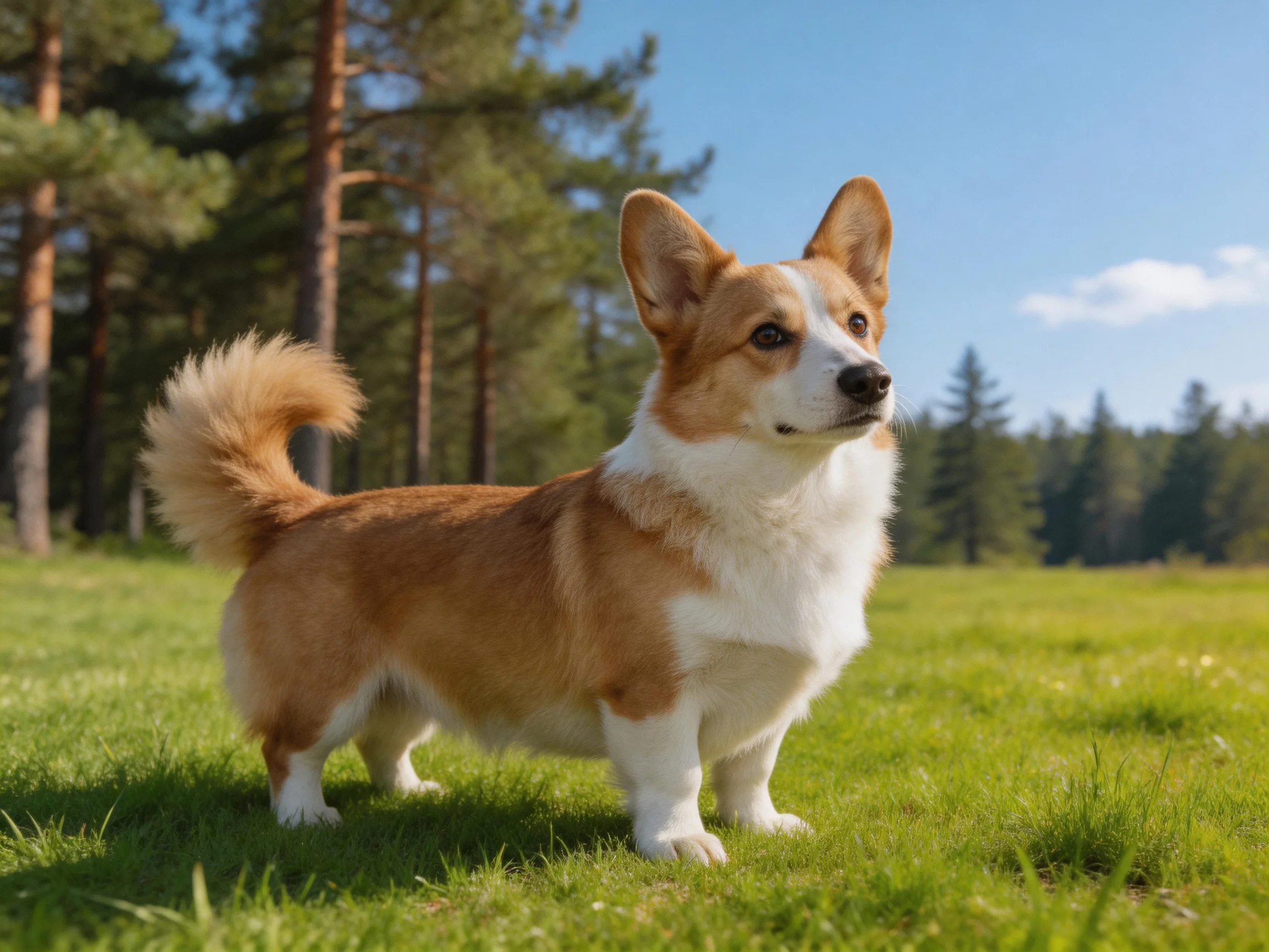 A tan and white corgi stands on lush green grass near tall pine trees