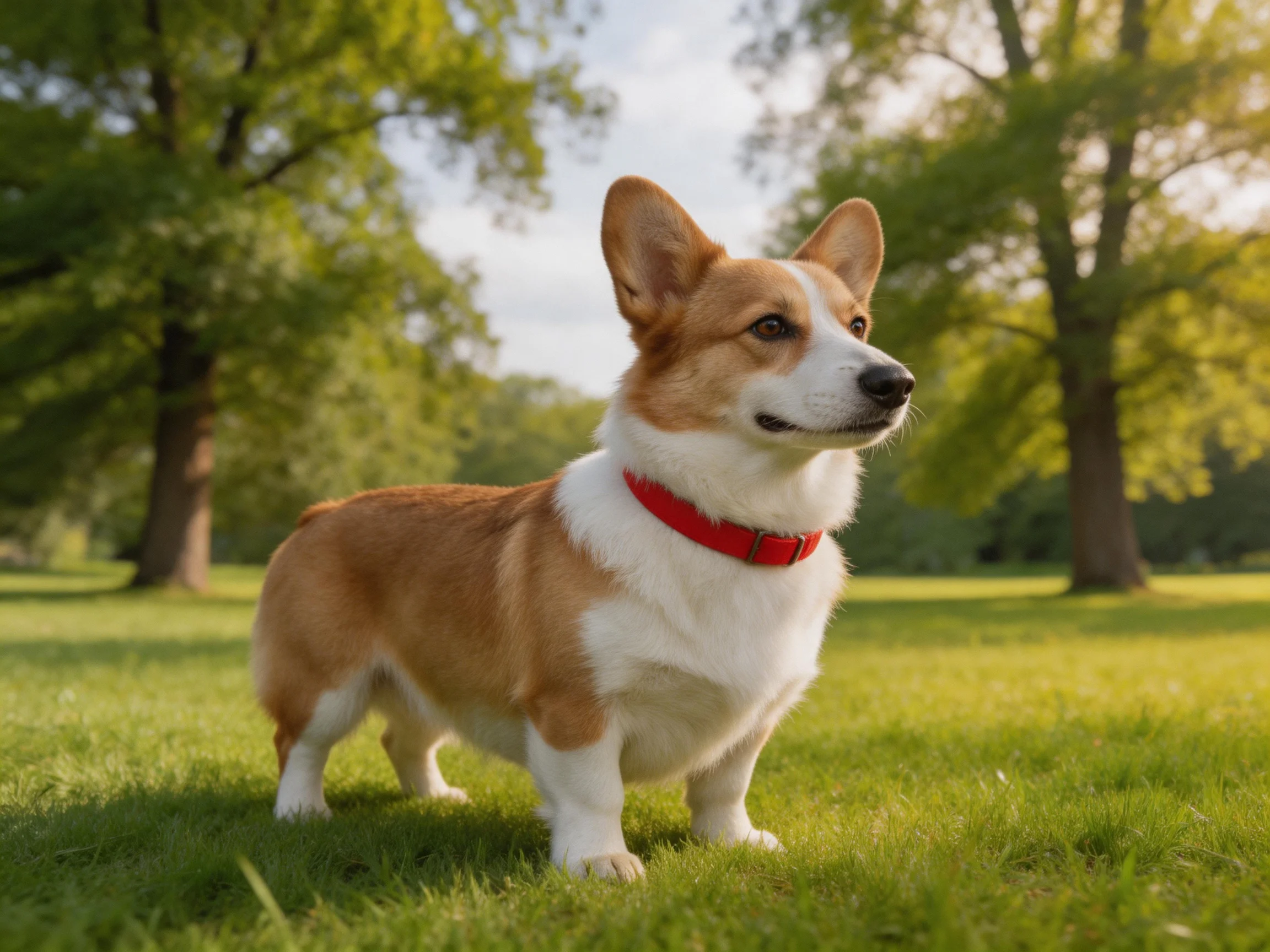 A tan and white corgi with a red collar in a sunlit park