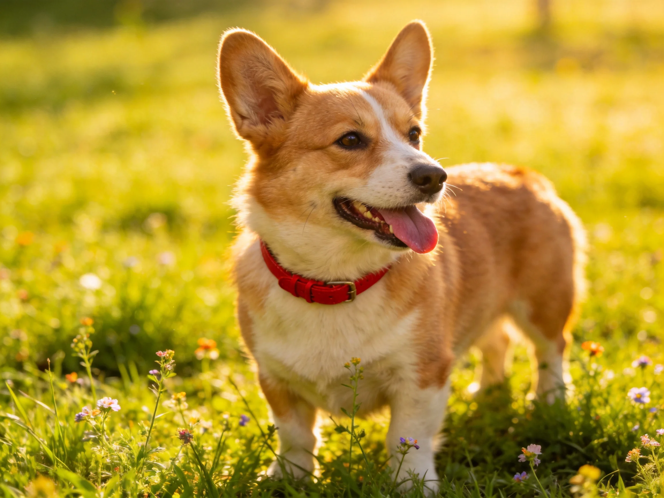 A tan and white corgi with a red collar stands in a sunlit meadow