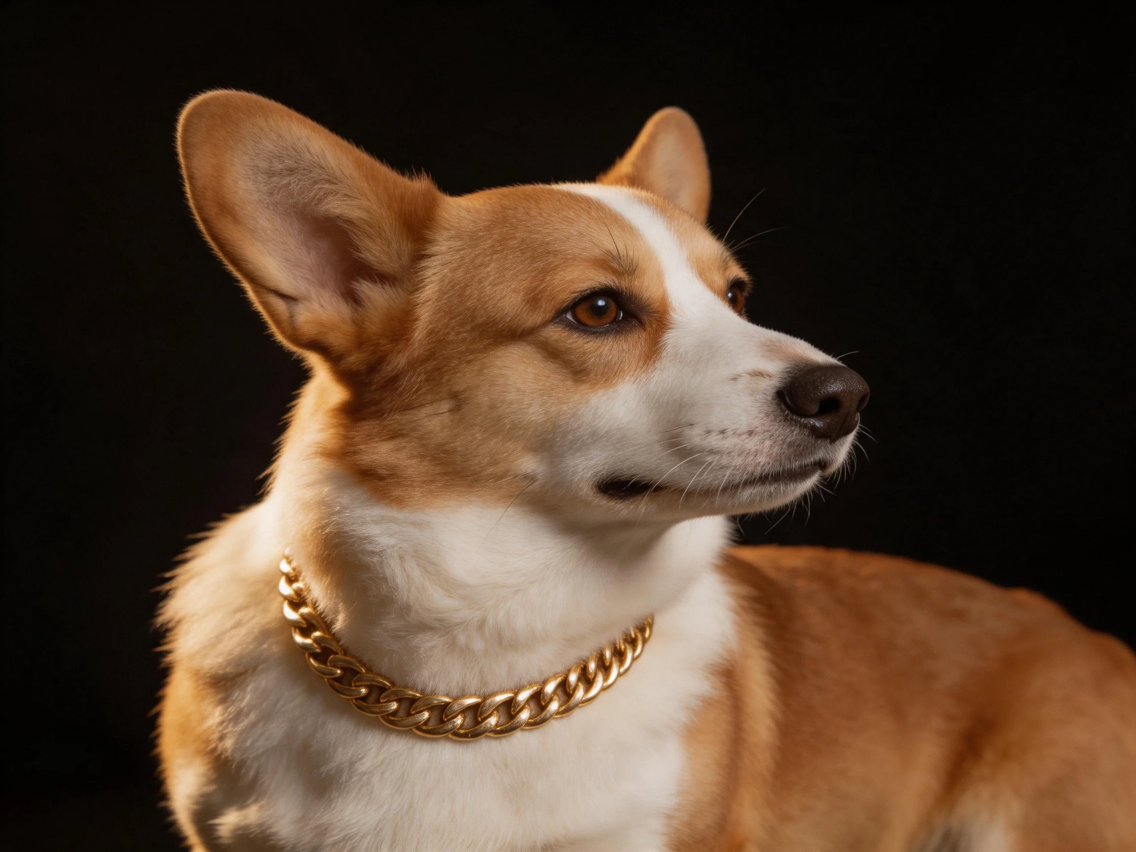 A tan and white corgi with a thick gold chain sits against a black backdrop.