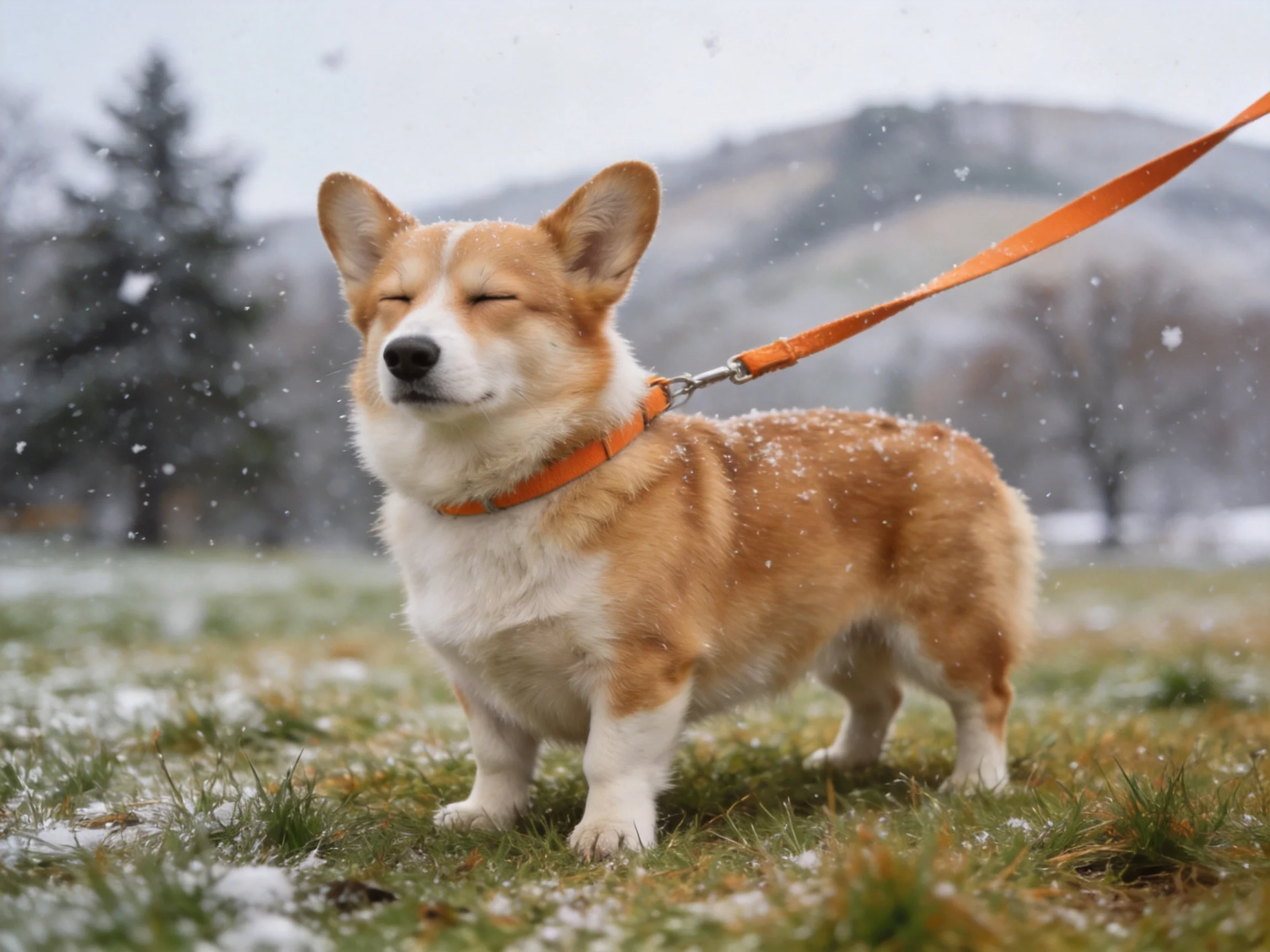 A tan and white corgi with an orange leash in a snowy outdoor setting
