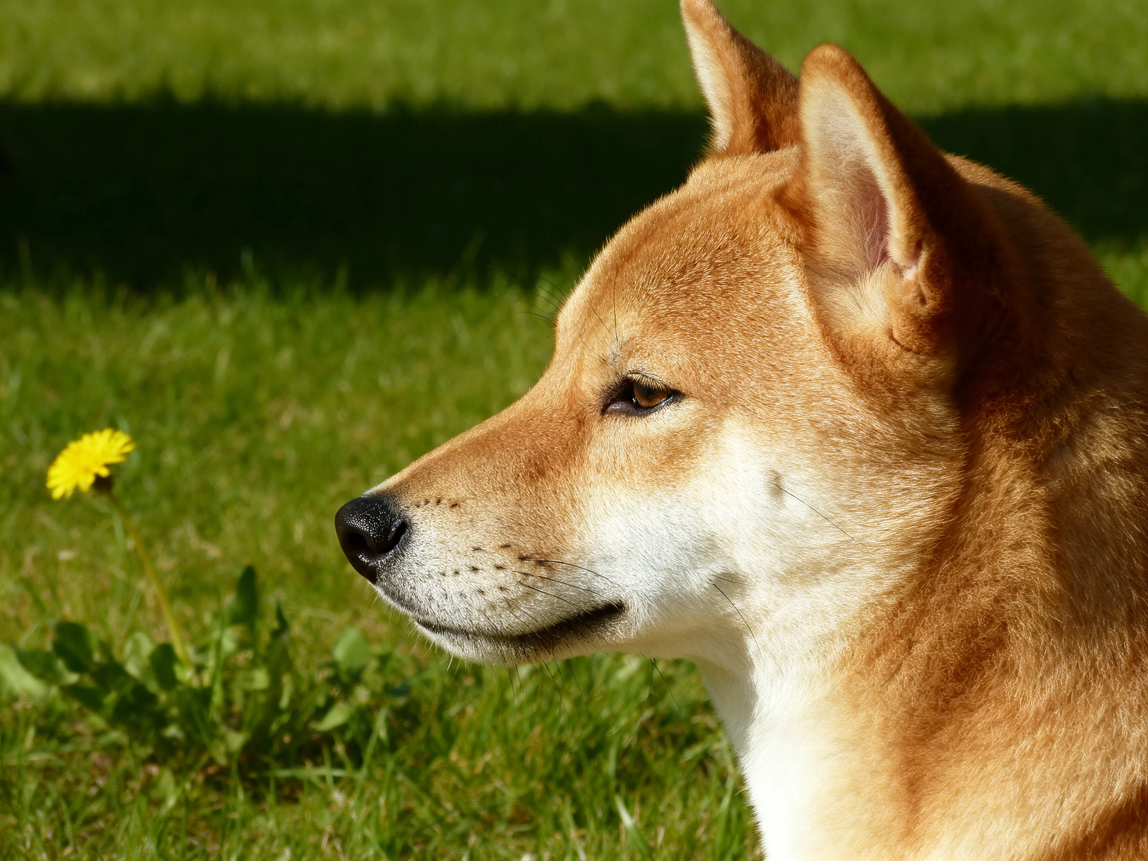 A tan and white dog gazes toward a bright yellow flower in lush green grass