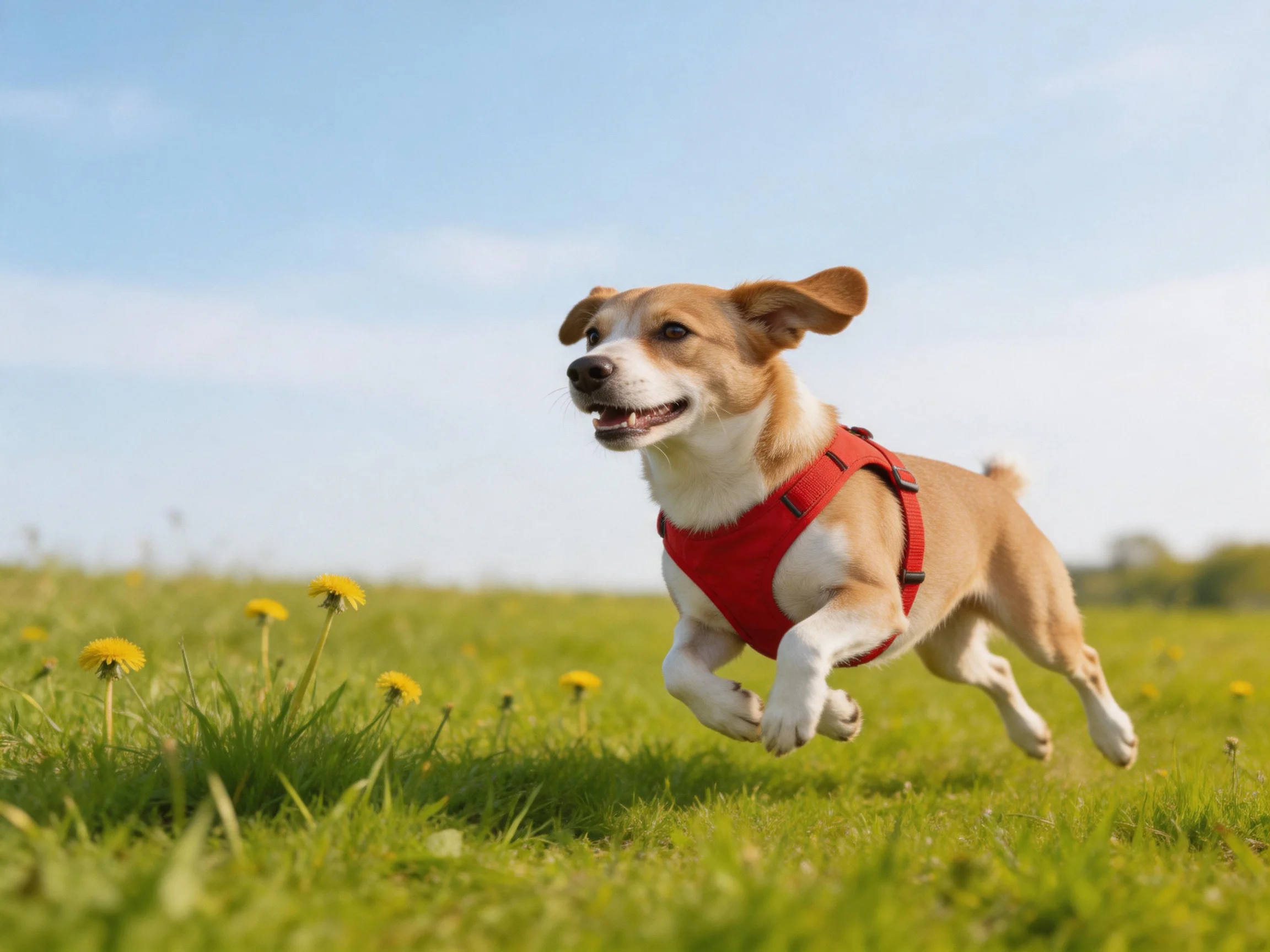 A tan and white dog in a red harness runs through a flowered meadow