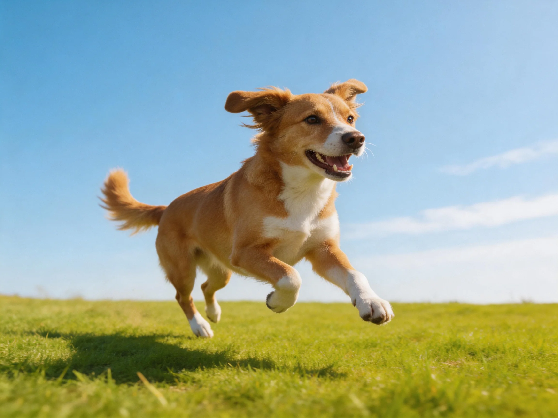 A tan and white dog runs energetically on a grassy field under a clear blue sky.