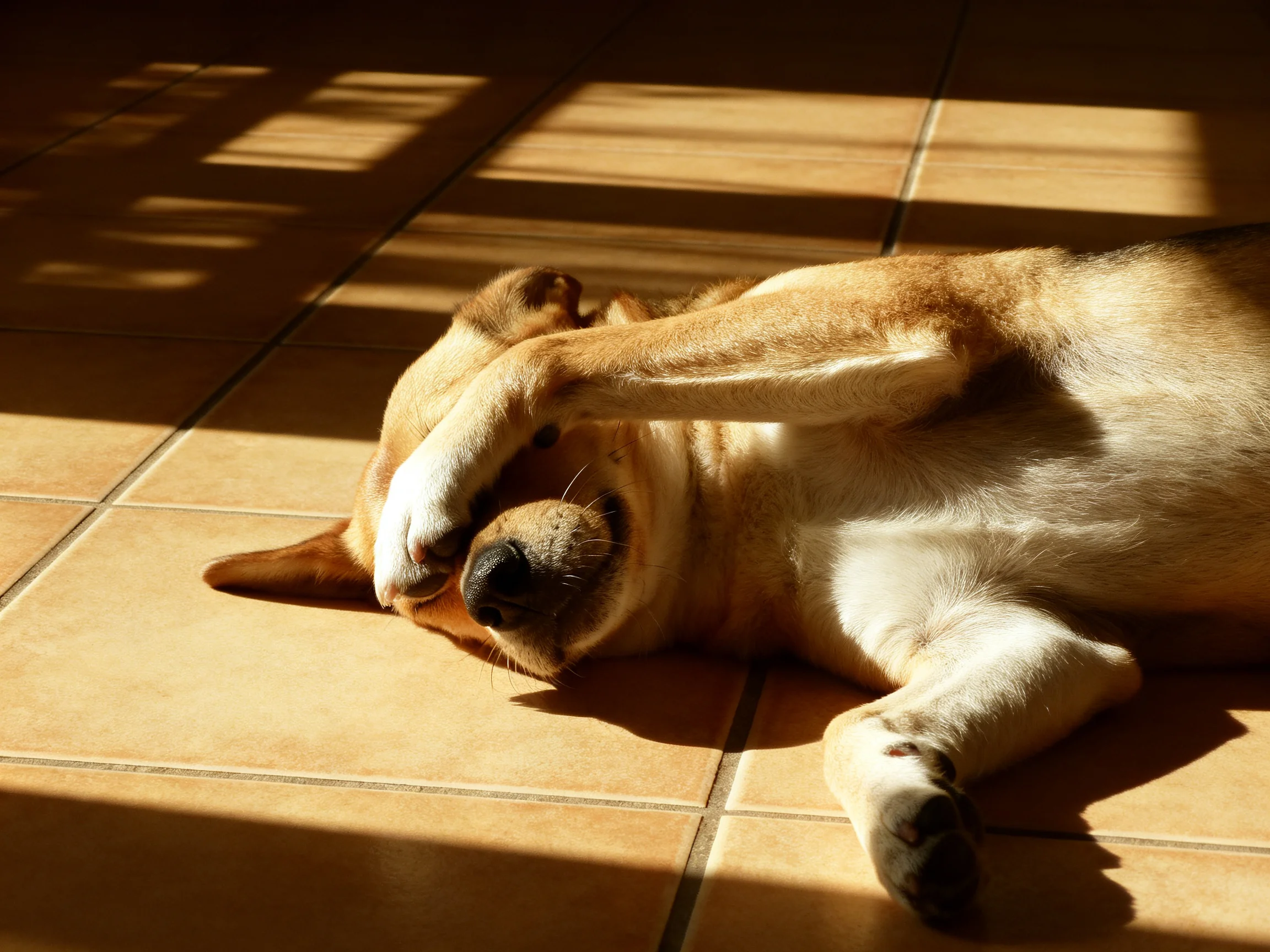 A tan and white dog lounges in sunlight on a tiled floor with striking shadows.