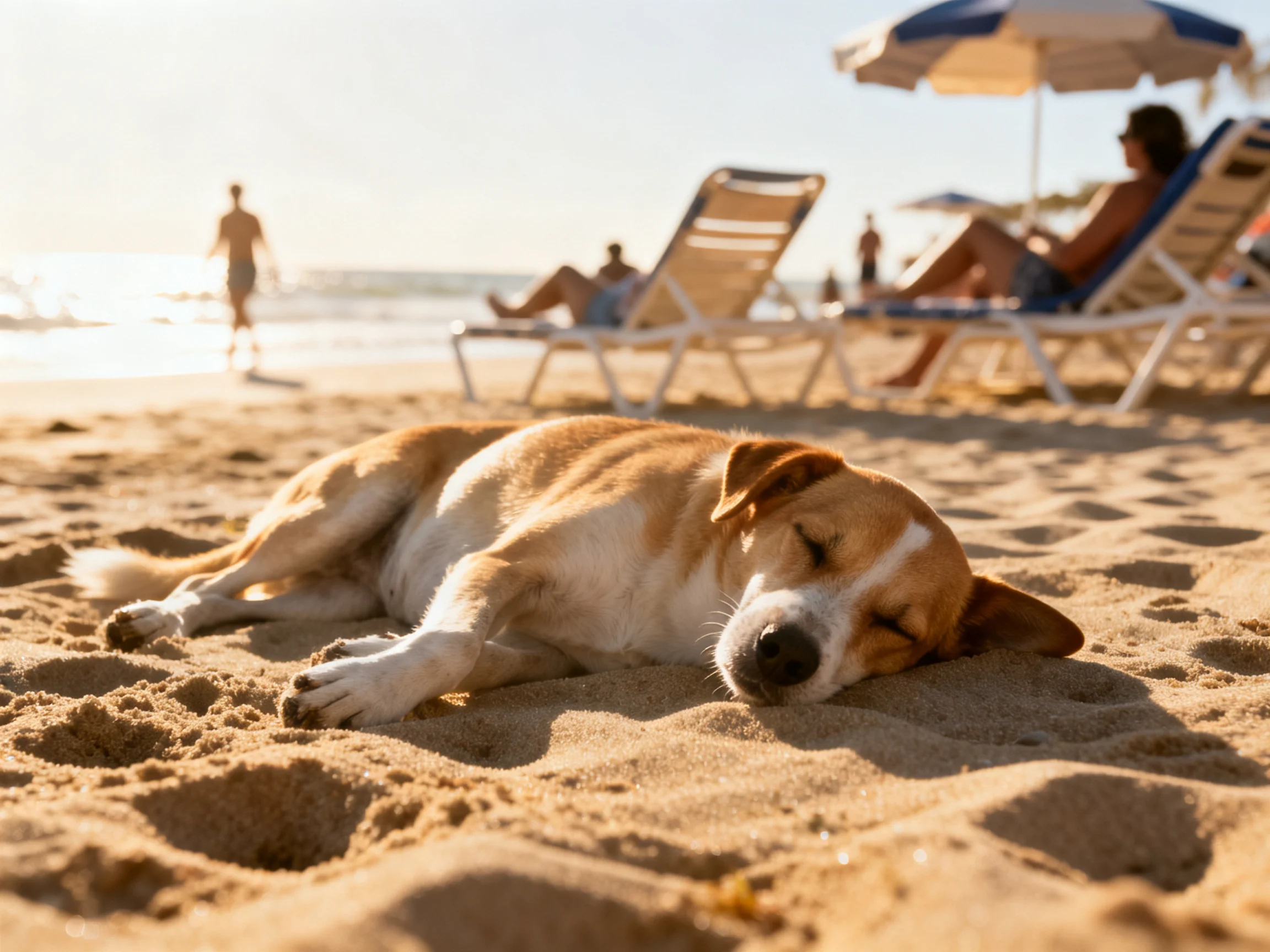 A tan and white dog naps on a sandy beach with lounge chairs