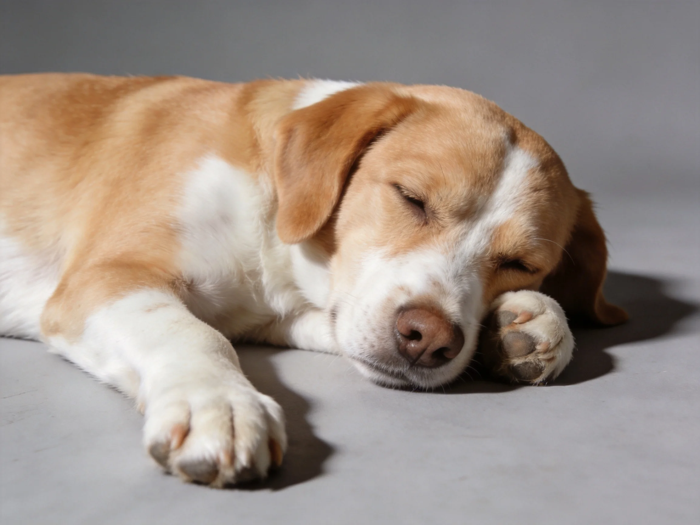 A tan and white dog peacefully sleeps on a smooth gray surface