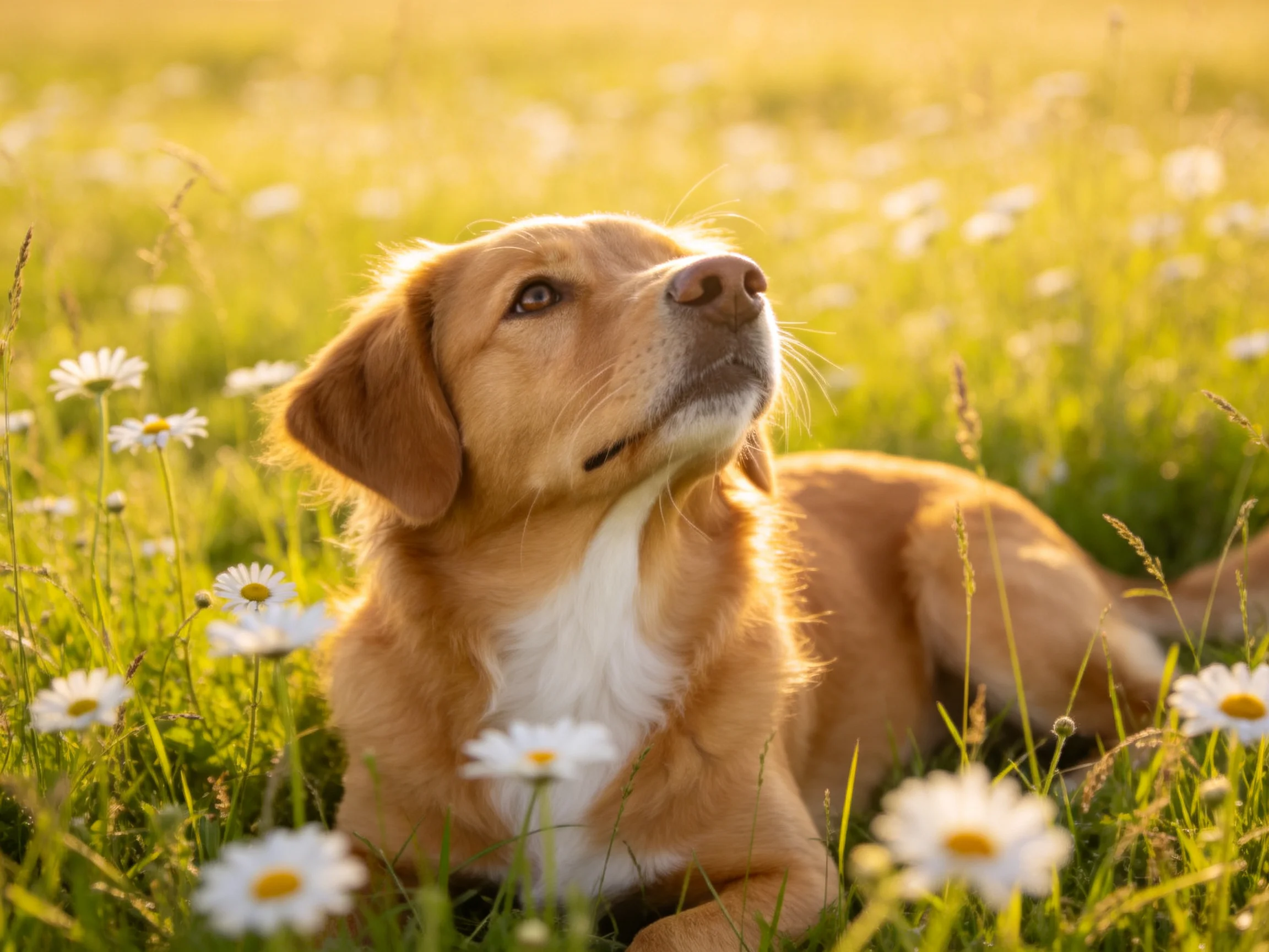 A tan and white dog relaxes among daisies in a sunlit meadow.