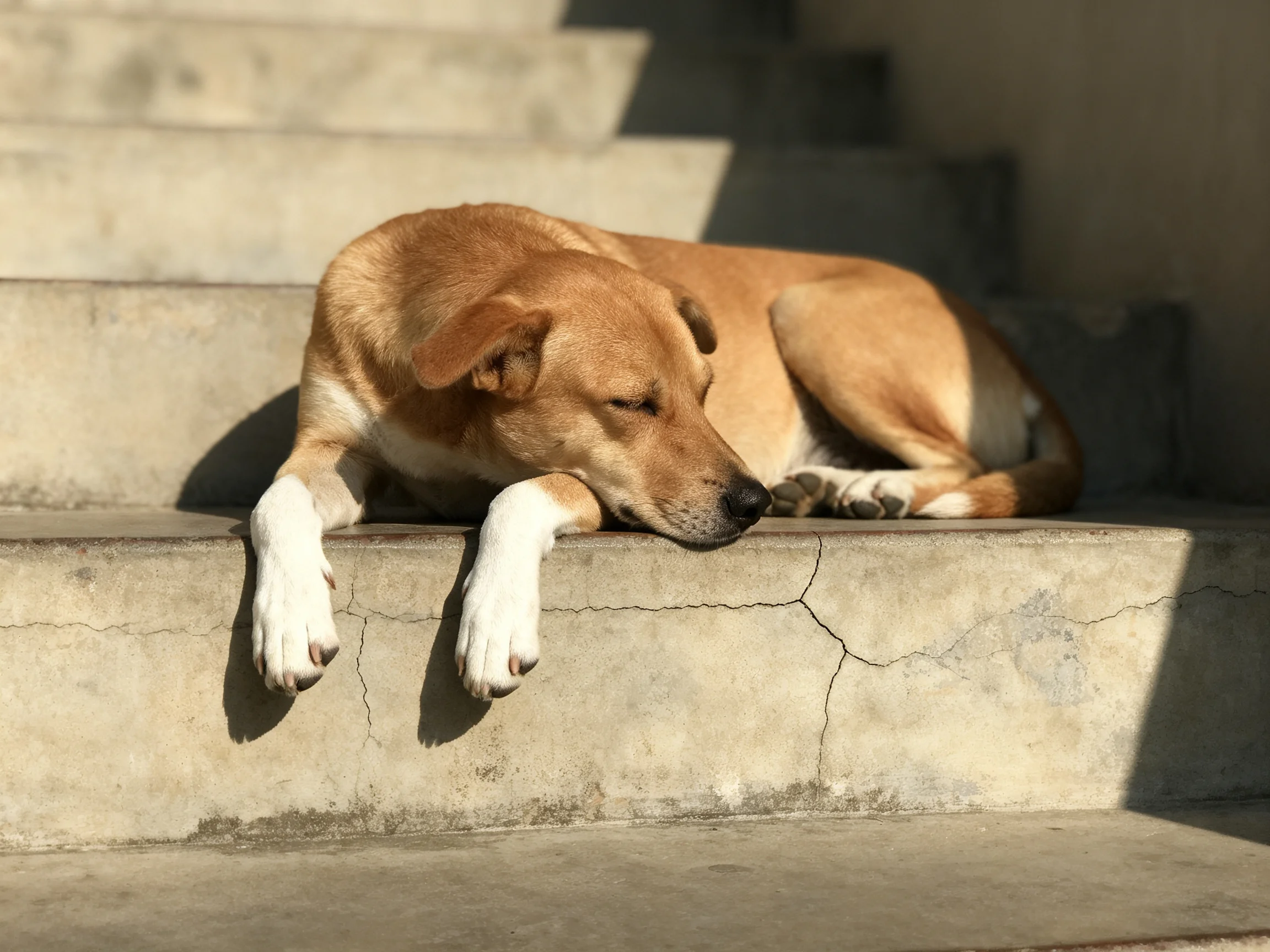 A tan and white dog sleeps on concrete steps in sunlight.