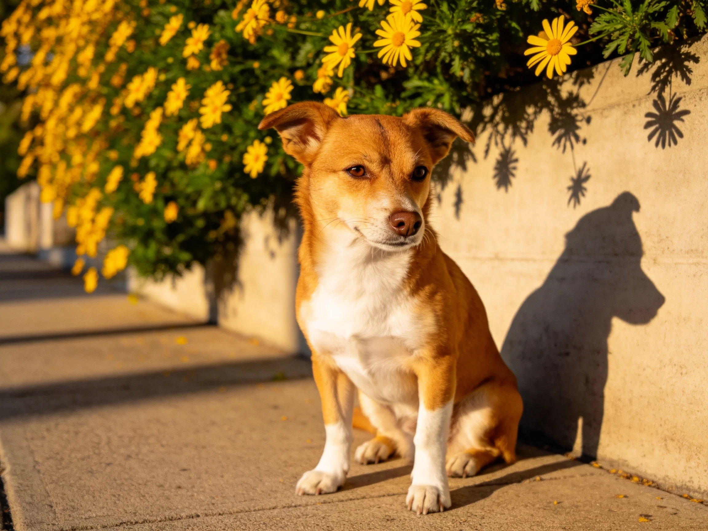 A tan and white dog sits near bright yellow flowers on a sunny sidewalk.