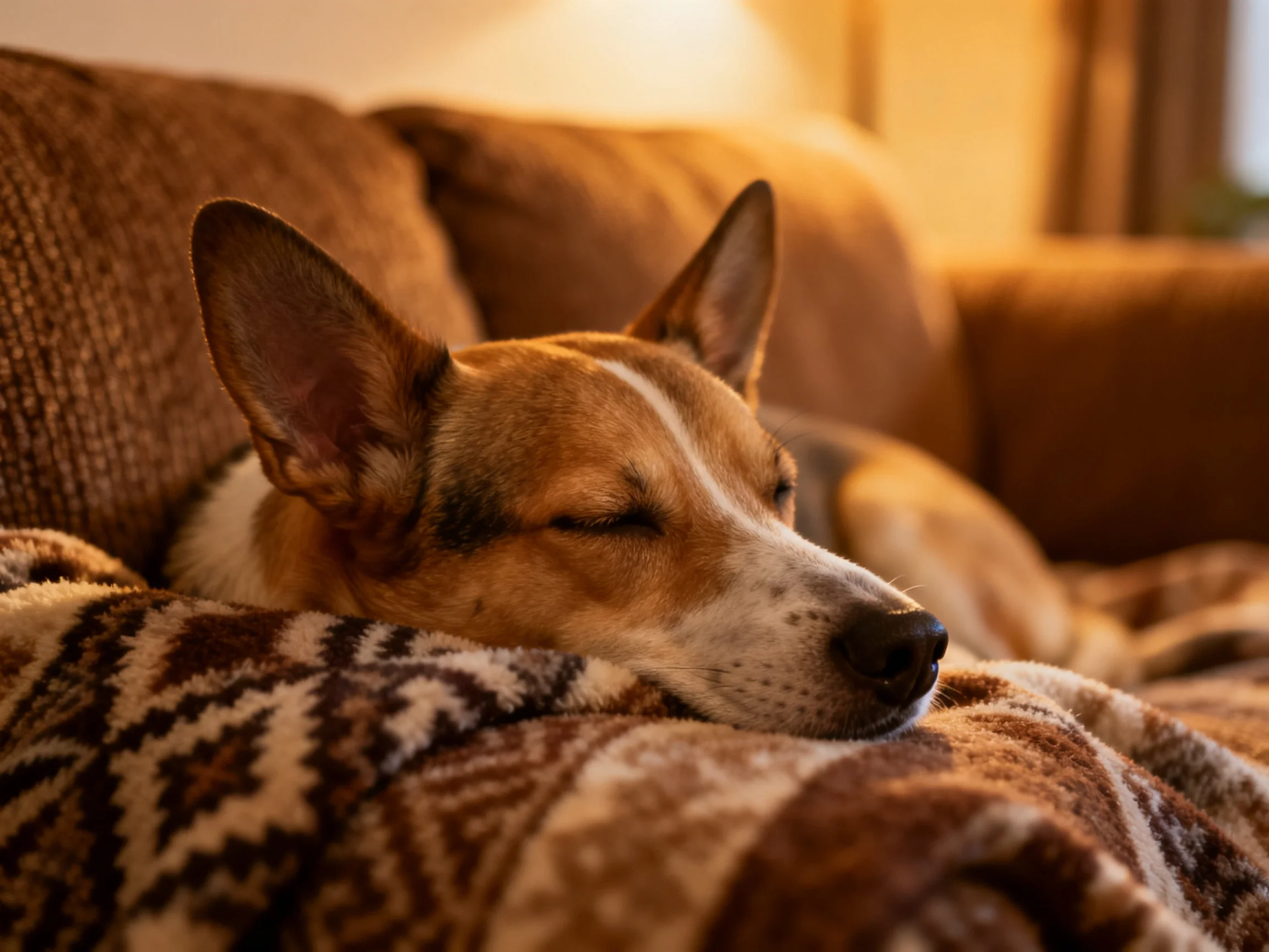 A tan and white dog sleeps on a patterned blanket on a brown sofa