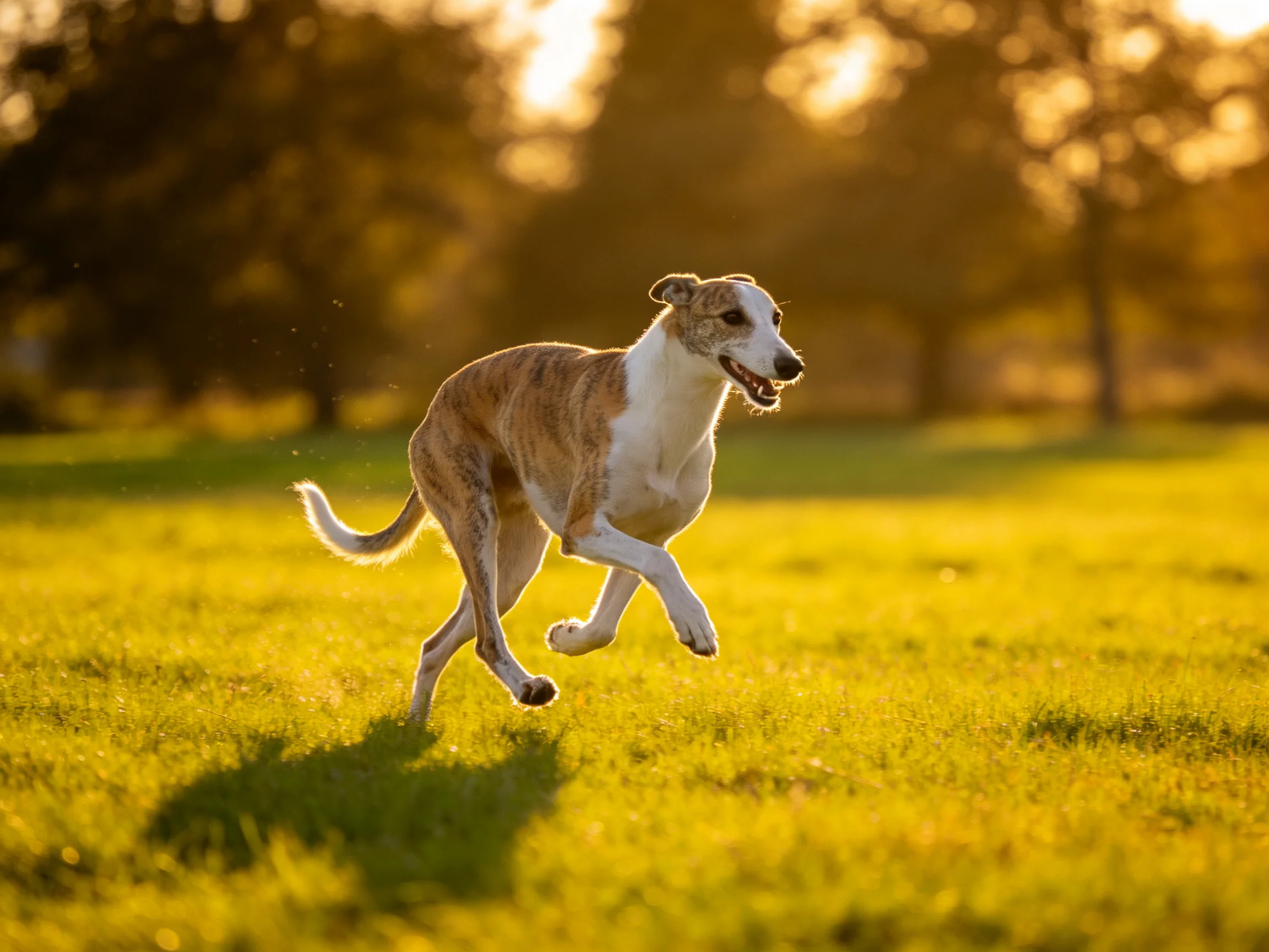 A tan and white dog sprints across a sunlit grassy field
