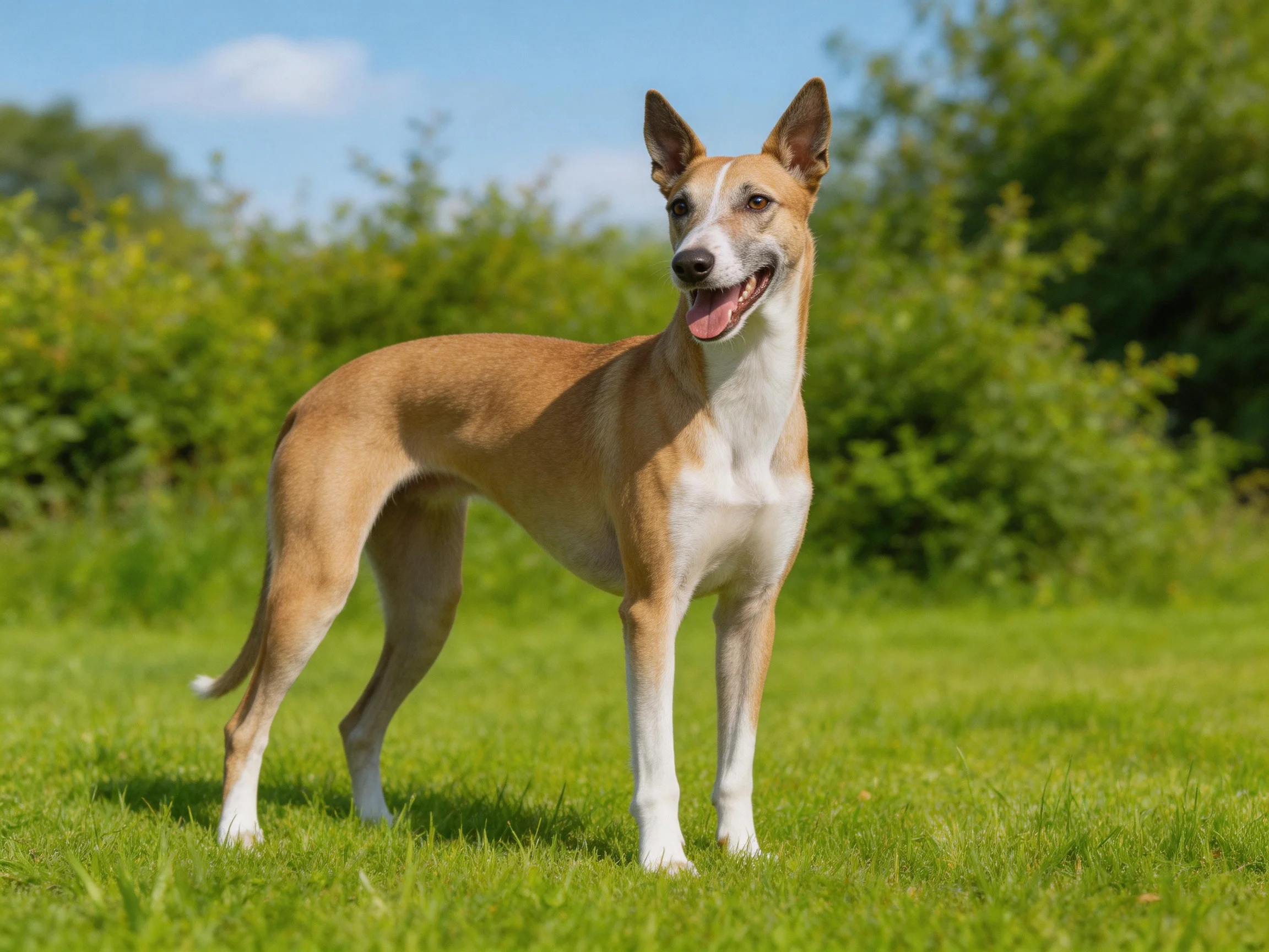 A tan and white dog stands alert on lush green grass