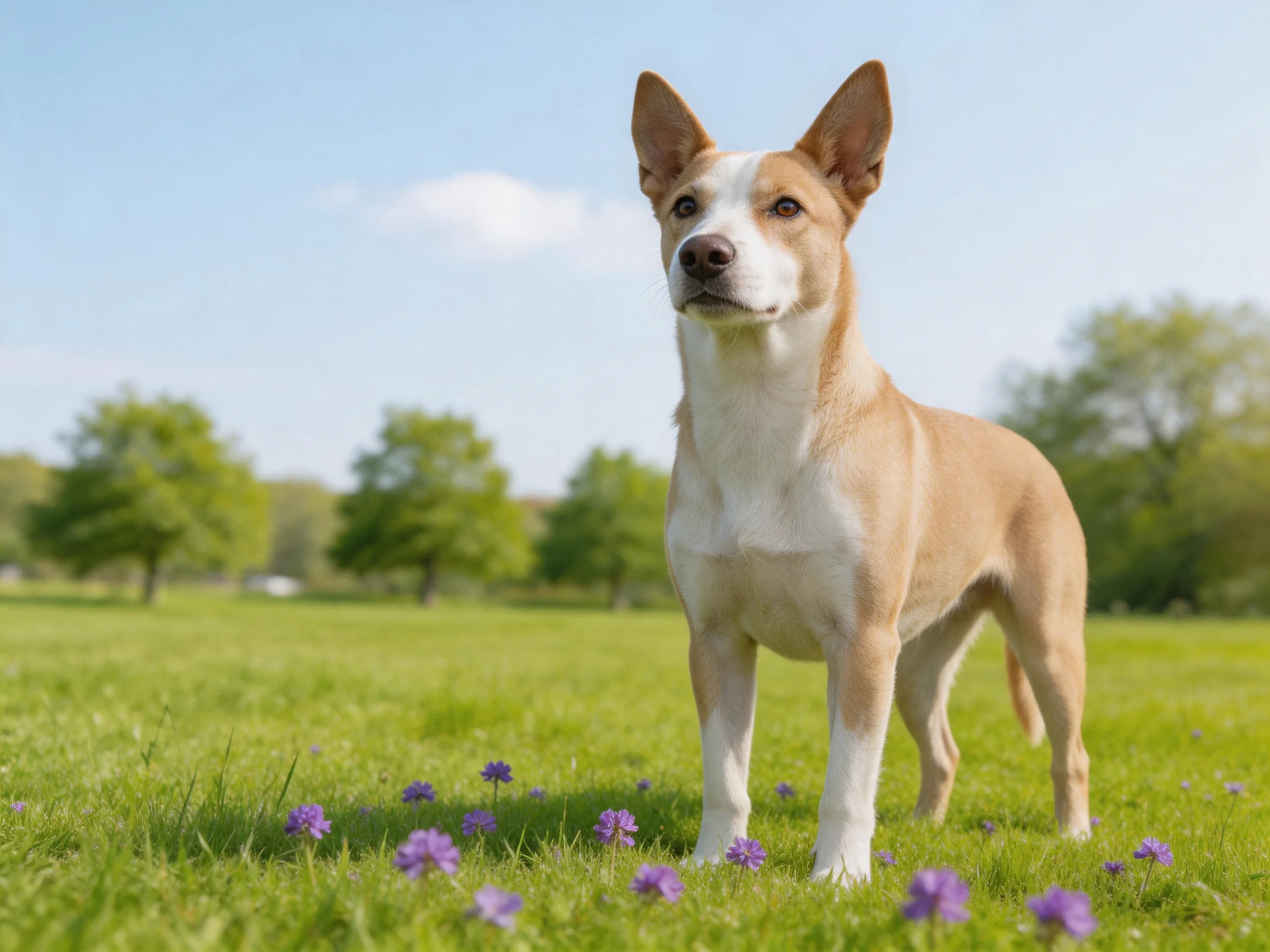 A tan and white dog stands in a sunlit meadow with purple flowers.
