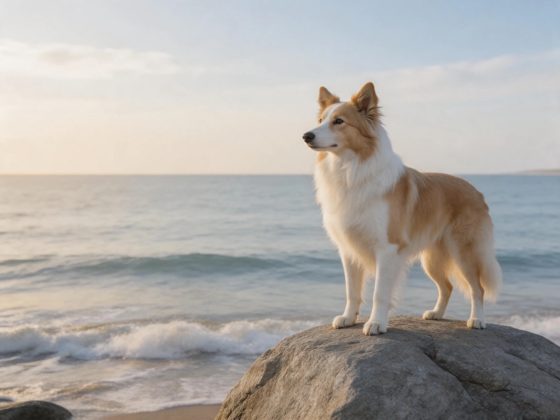 A tan and white dog stands on a rocky outcrop by the calm ocean