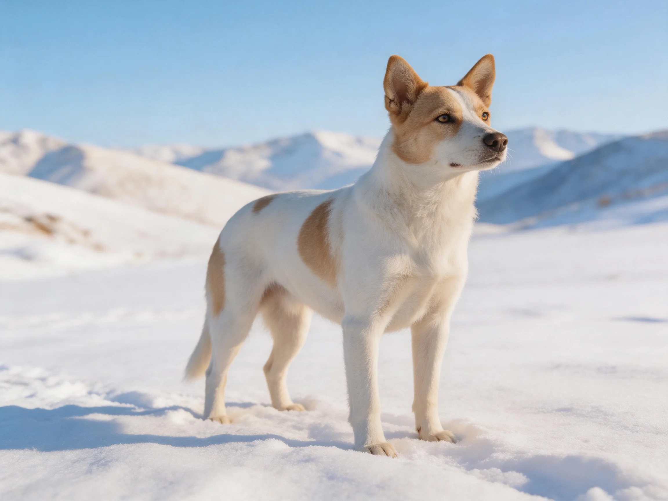 A tan and white dog stands alert in a snowy landscape with distant mountains