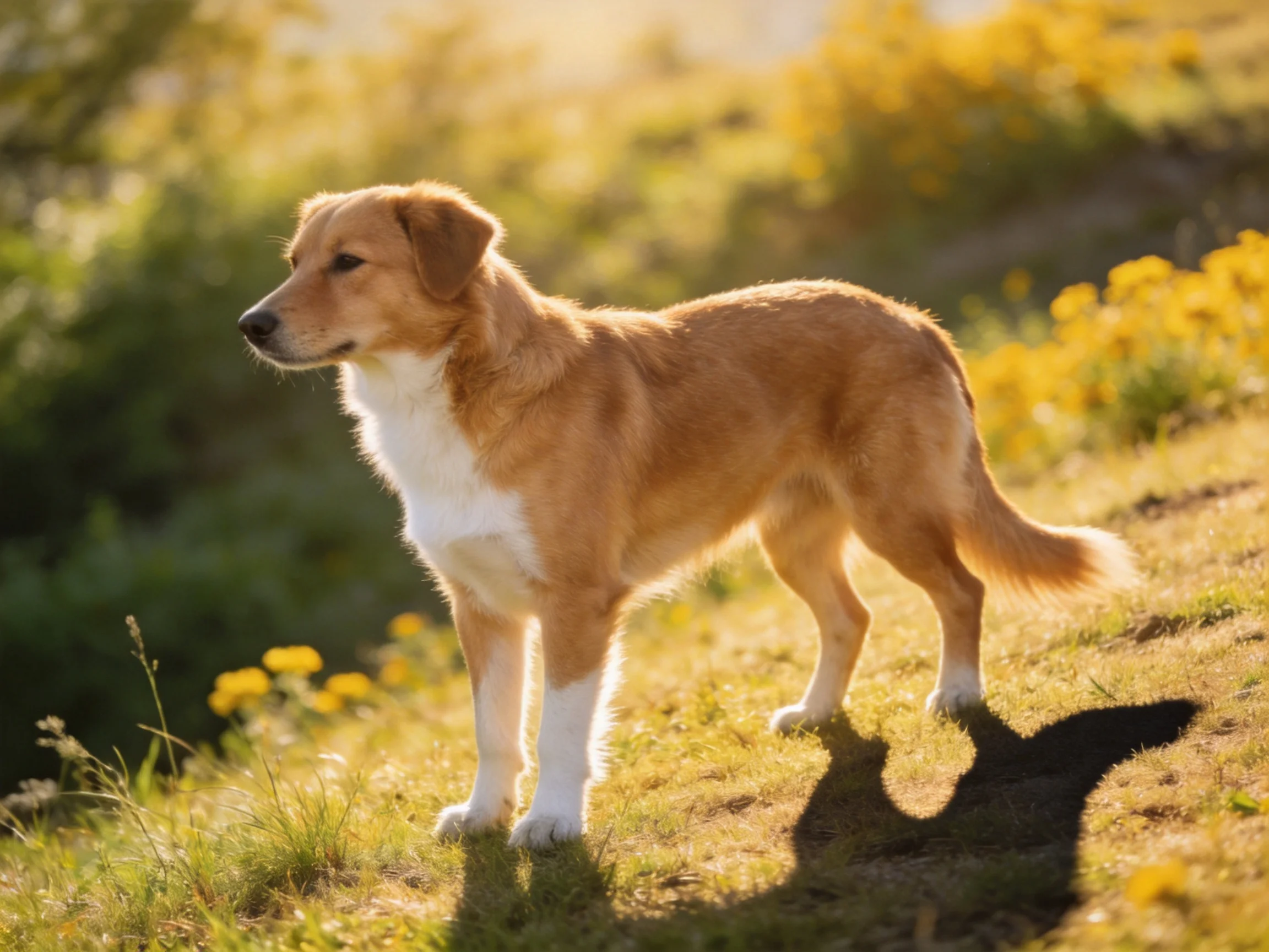 A tan and white dog stands on a sunlit grassy hillside with yellow wildflowers.