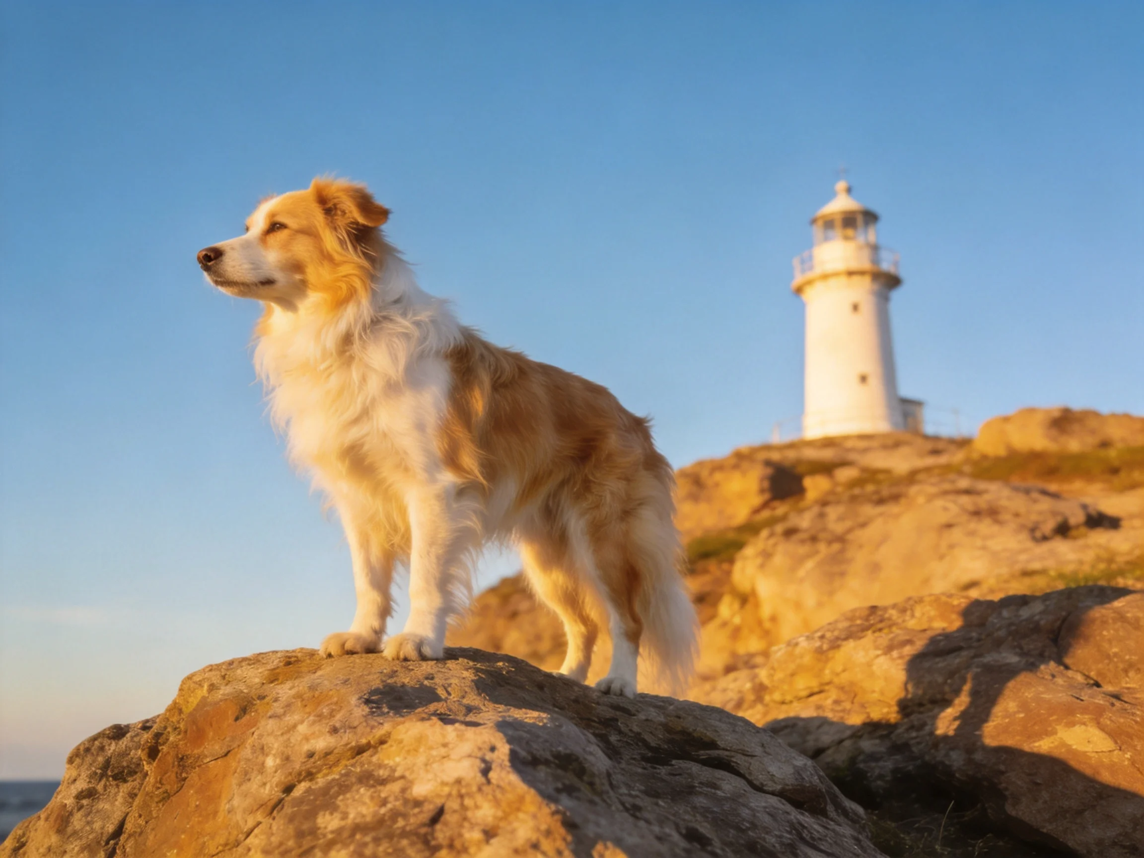 A tan-and-white dog stands on rugged rocks near a white lighthouse
