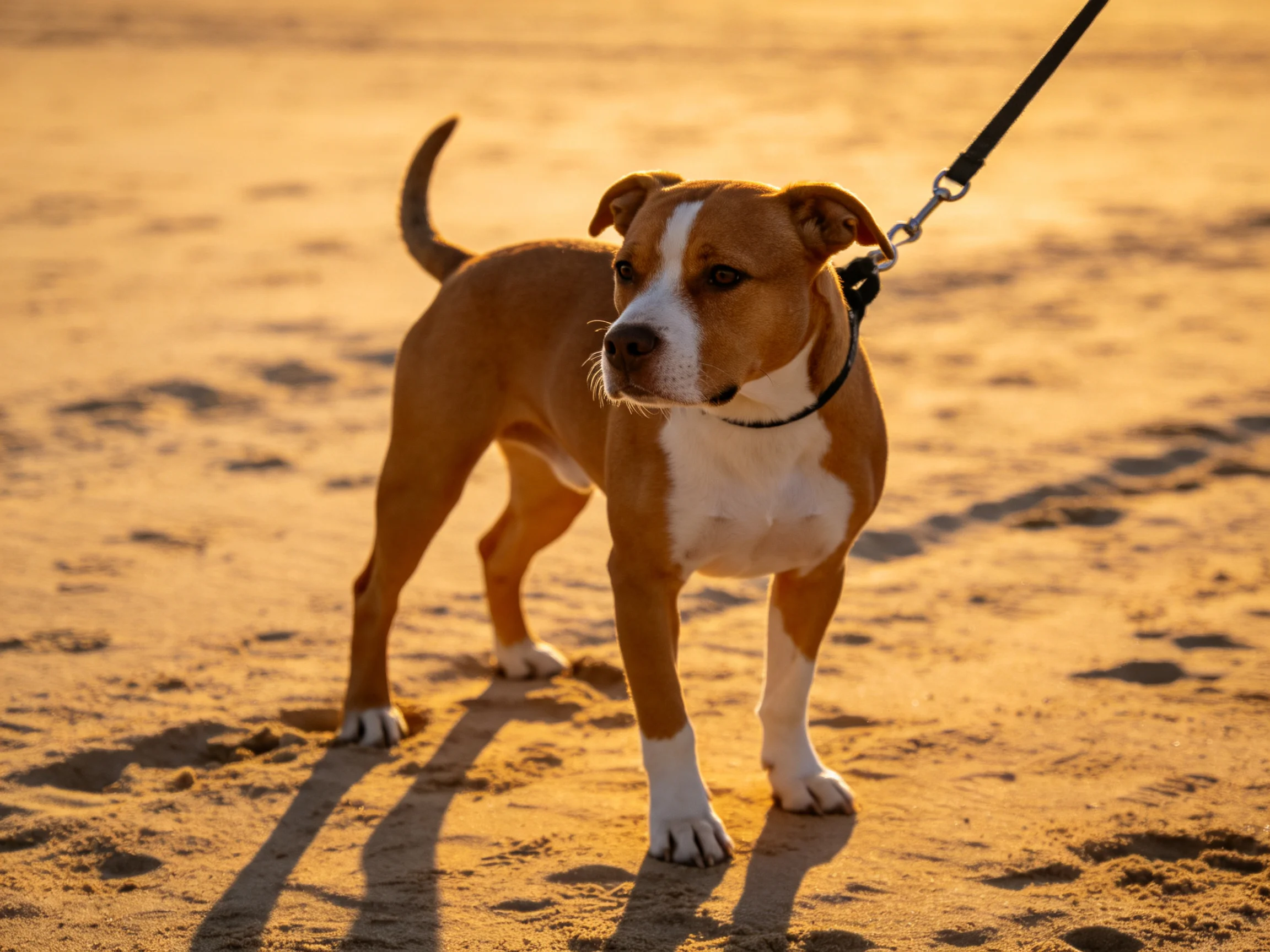 A tan and white dog stands on sandy ground bathed in warm evening light.