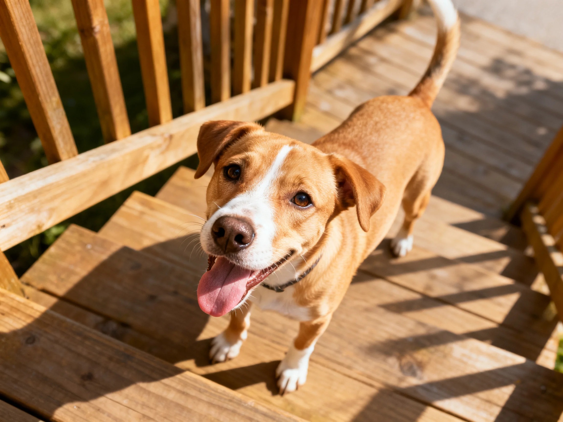 A tan and white dog stands on wooden deck stairs in bright sunlight