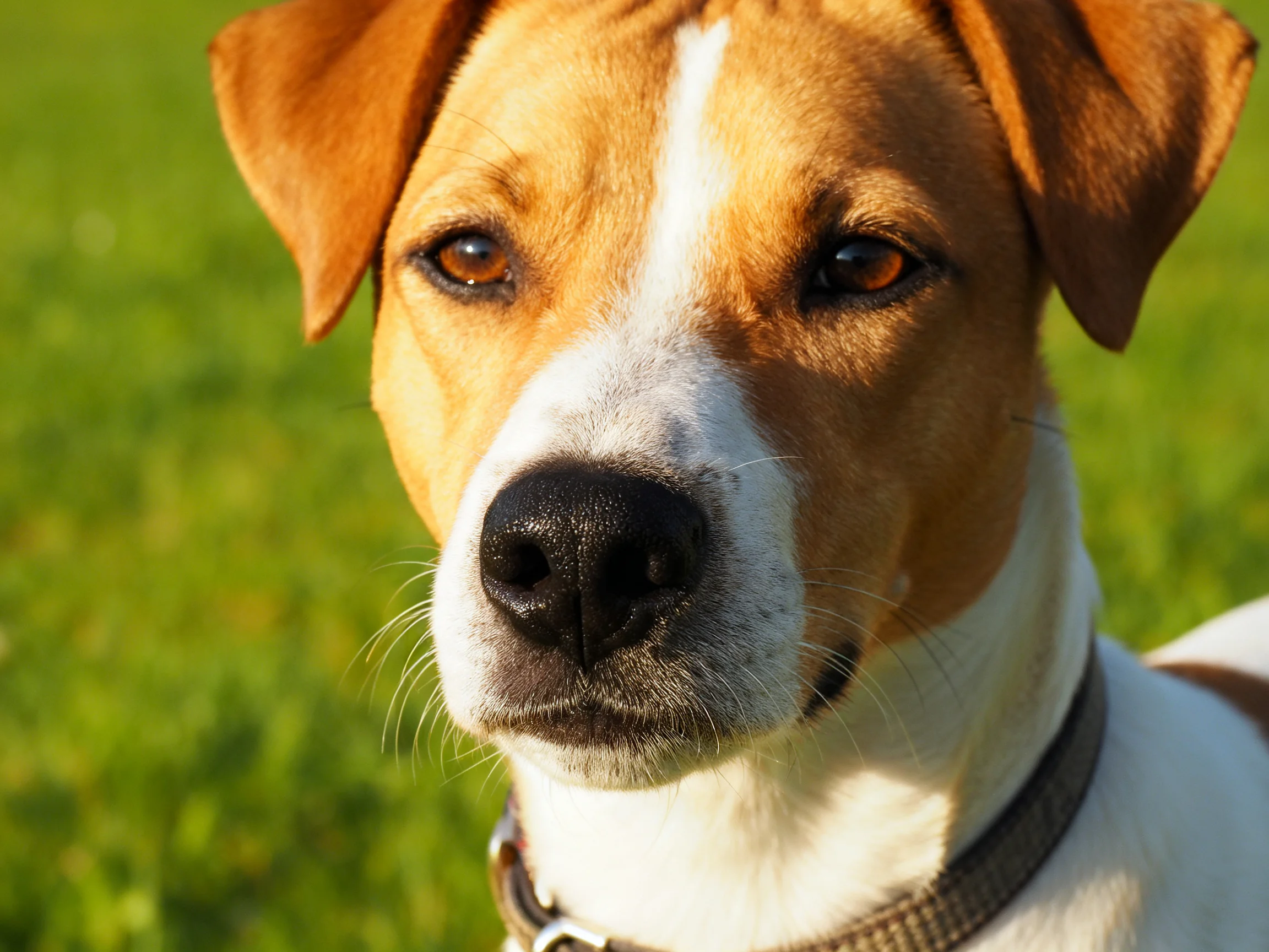 A tan and white dog stands on green grass.